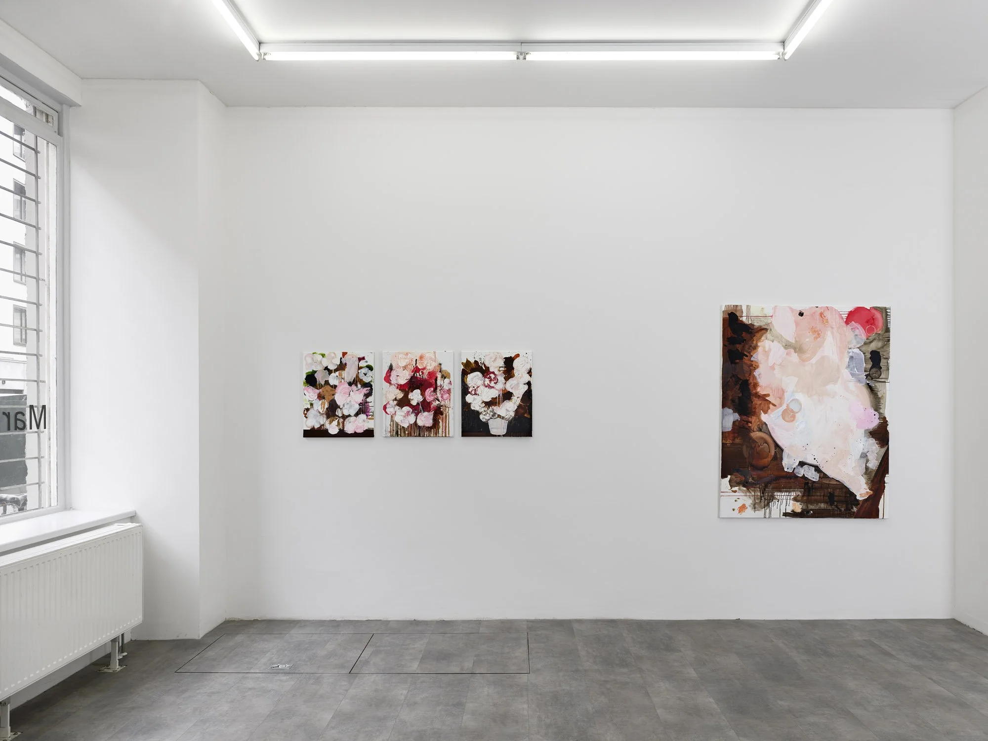 Installation view of Savage Glitter by Marie Birkedal at Galerie1214, Berlin, 2018, with three small paintings and a larger vertical painting.