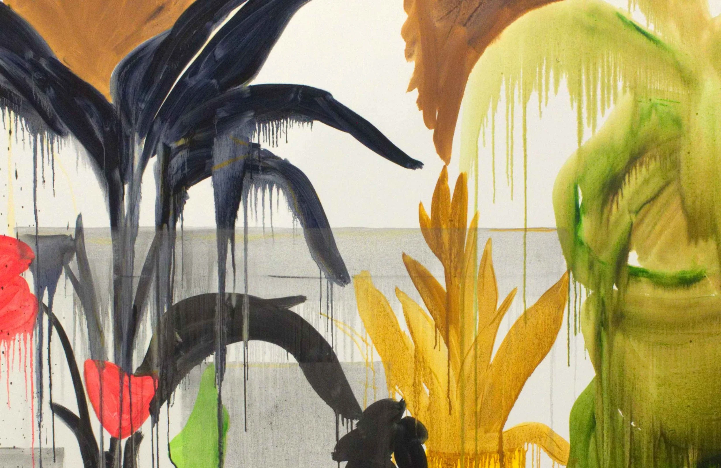 Marie Birkedal, 2015, oil painting of a plant depicted in Turner’s Payne’s Grey, with black-grey leaves and surrounding red, yellow and green forms.