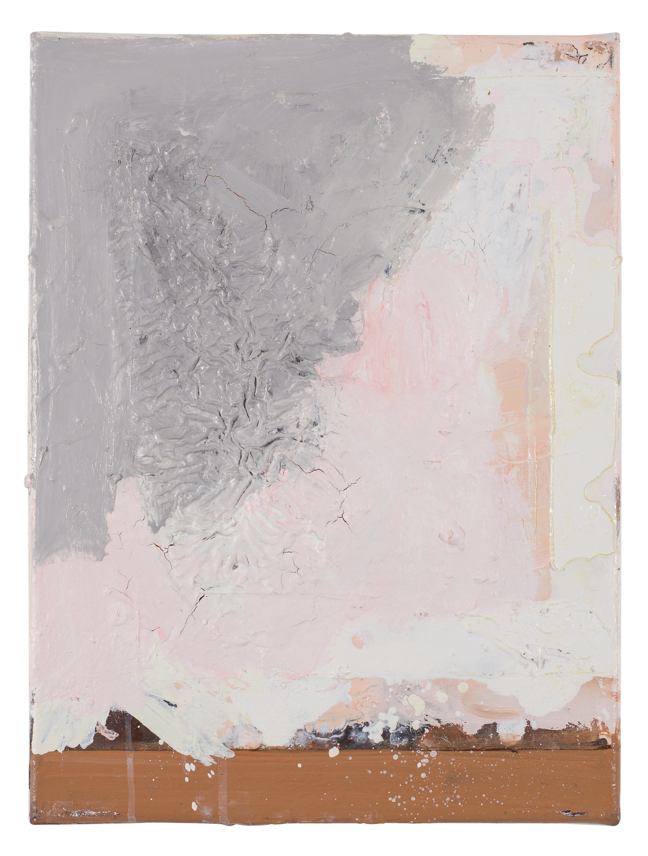 Marie Birkedal, Rhizomes, 2015–2017, oil on canvas, 50 × 40 cm, with a pale grey field above a dark reddish-brown horizontal band and irregular textured marks.