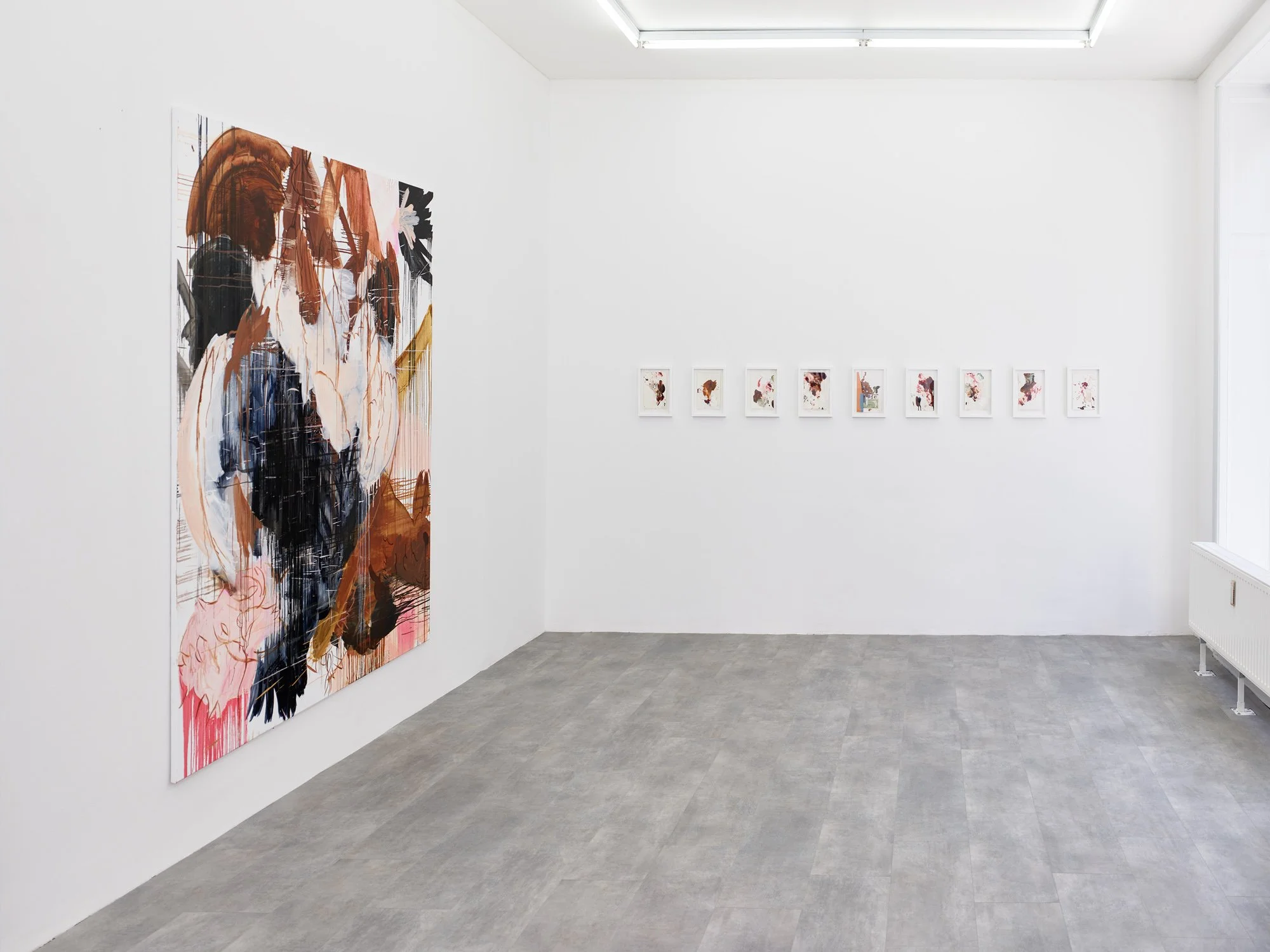 Installation view of Marie Birkedal’s Interiors + Territories at Galerie1214, Berlin, 2018, with Hare’s Breath, After Willem van Aelst, For Joseph Beuys, oil on canvas, 220 × 200 cm, and a row of works on paper.