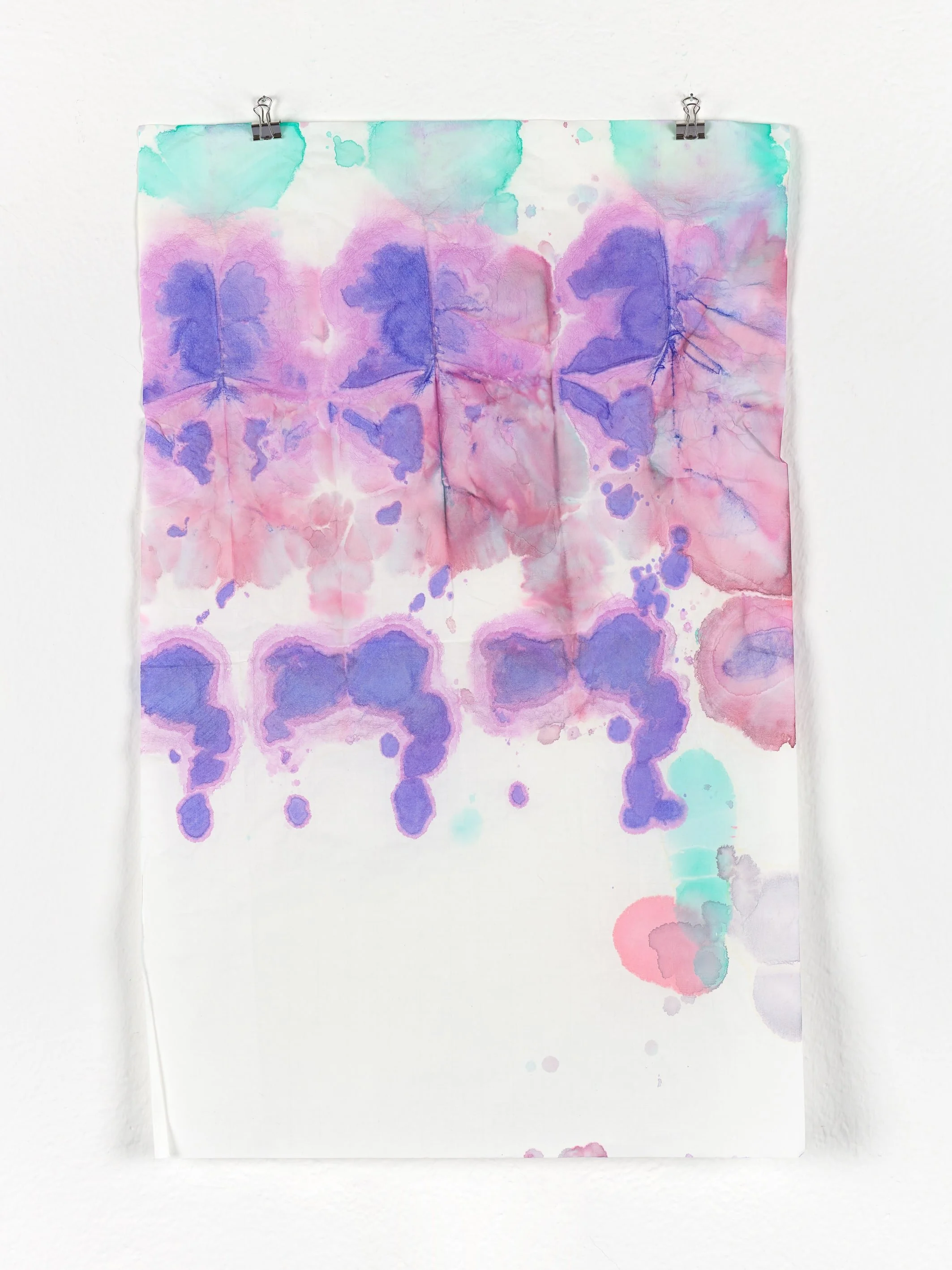 Bells for Magical Arts, 2022, painting on paper by Marie Birkedal, with translucent pink, violet, turquoise and blue forms on a pale ground.