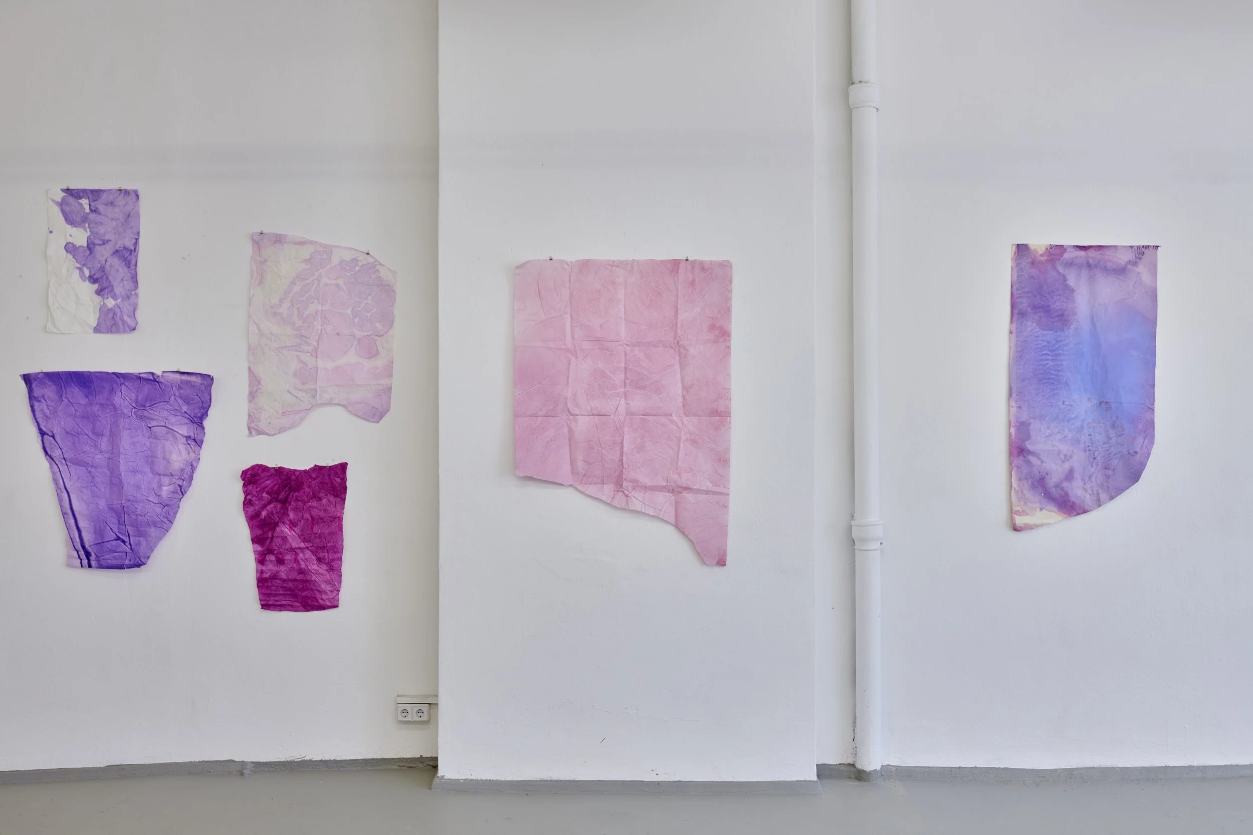 Wide gallery installation view of Marie Birkedal’s Godspeed / Savage Glitter, with paintings on paper and unstretched cotton across adjoining walls.