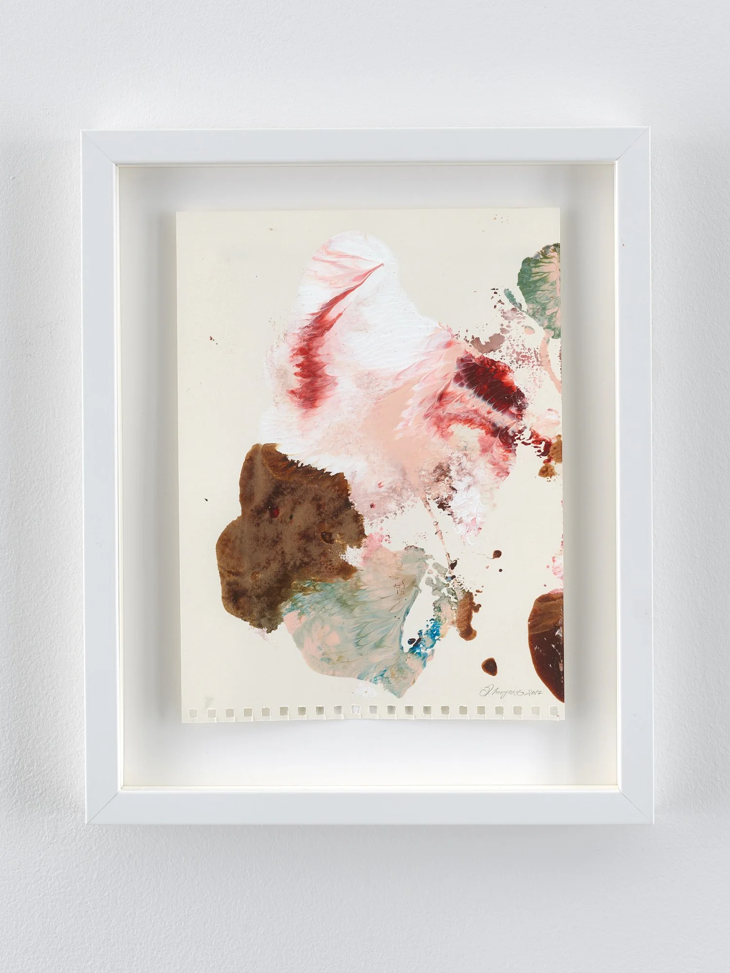 Marie Birkedal, work on paper shown in Interiors + Territories at Galerie1214, Berlin, 2018, with sweeping red, pink, brown and pale green painted forms in a white frame.