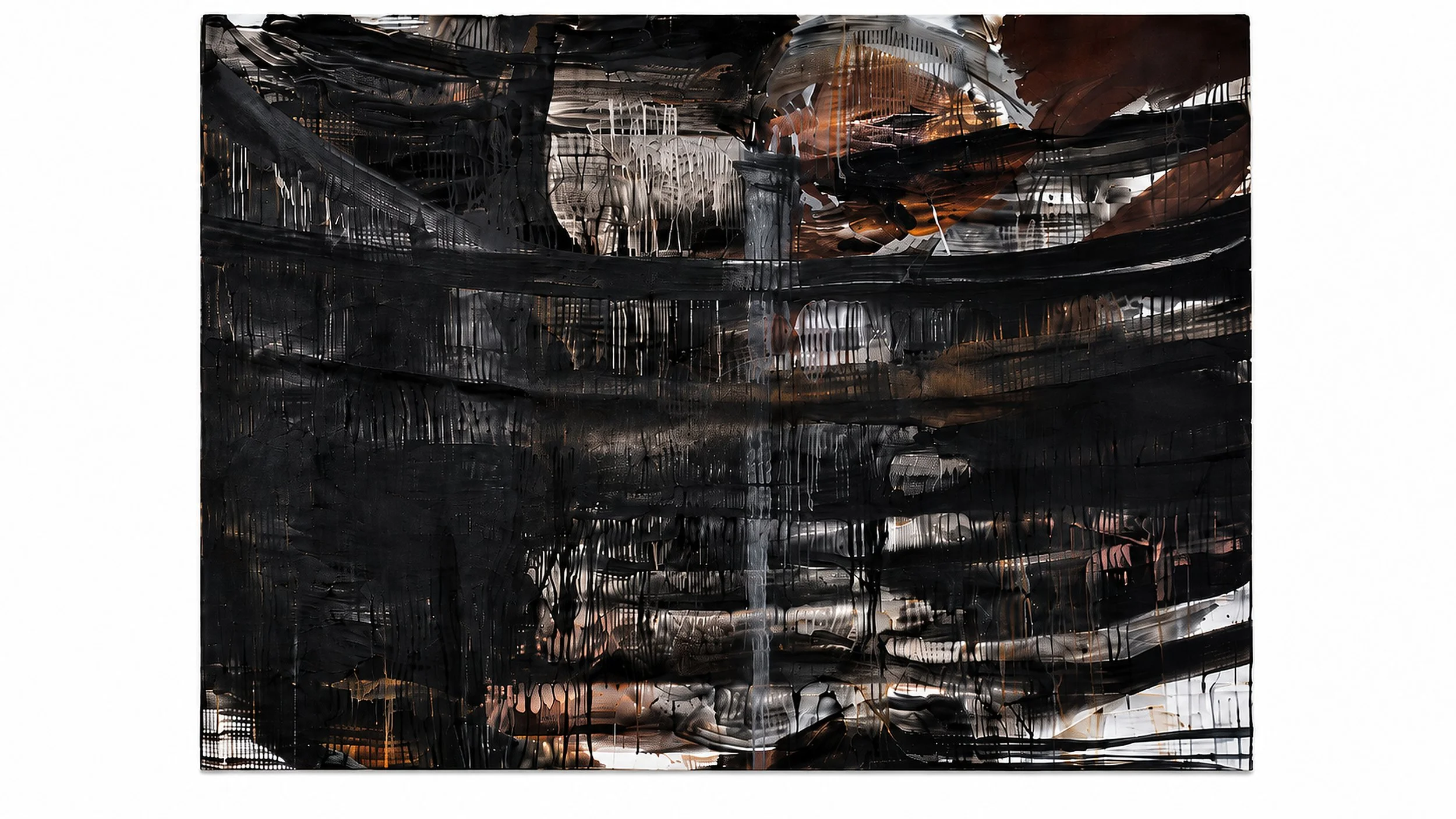 Marie Birkedal, Untitled (Talpa), 220 × 200 cm, abstract oil painting with layered black, brown, pink, grey and white brushwork.