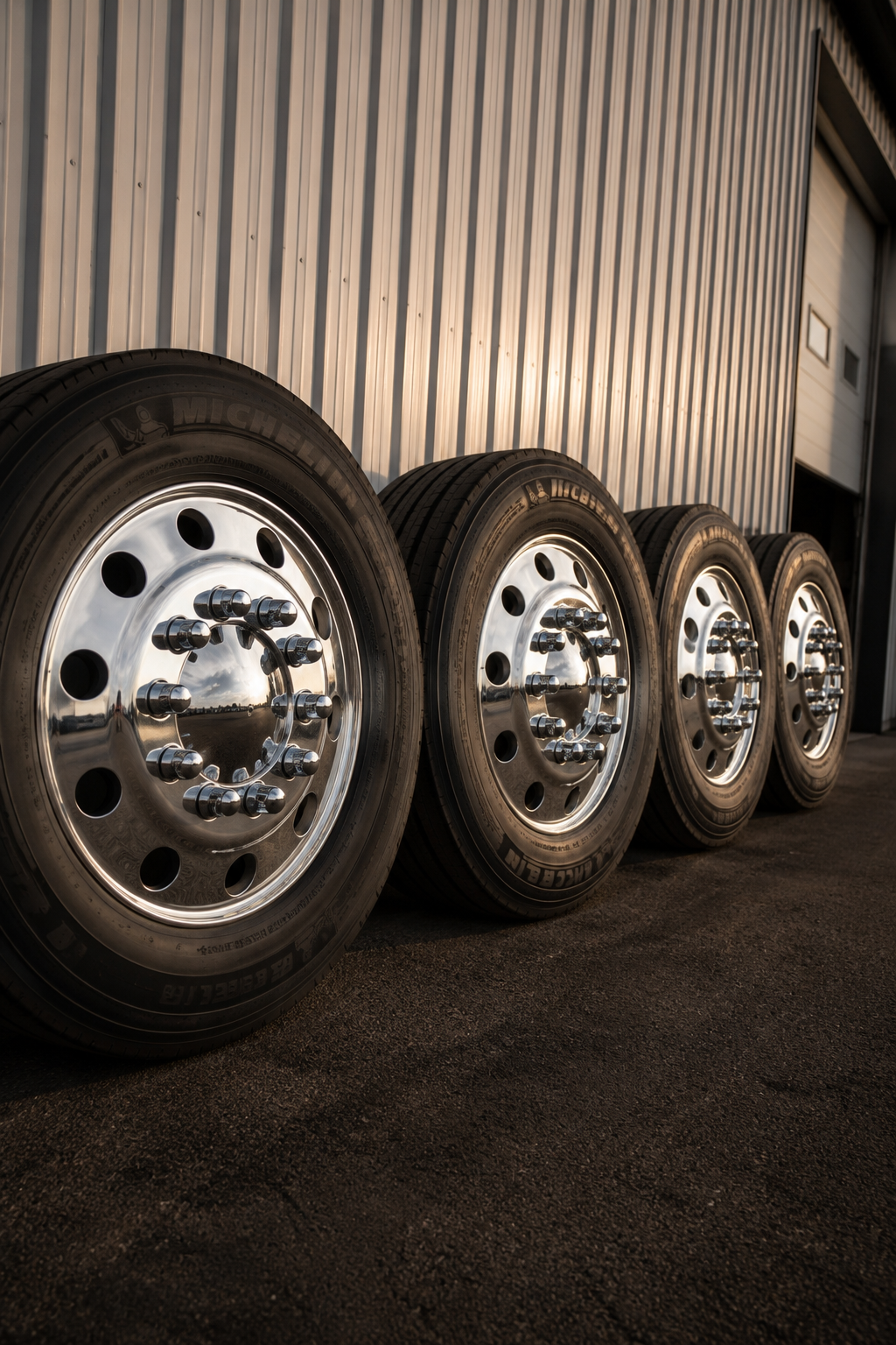 Four large truck tires with shiny chrome rims lined up outside a building with a metal siding wall.