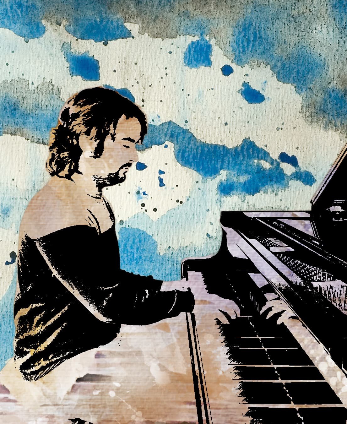 Retrat en aquarel·la de Brando tocant el piano.