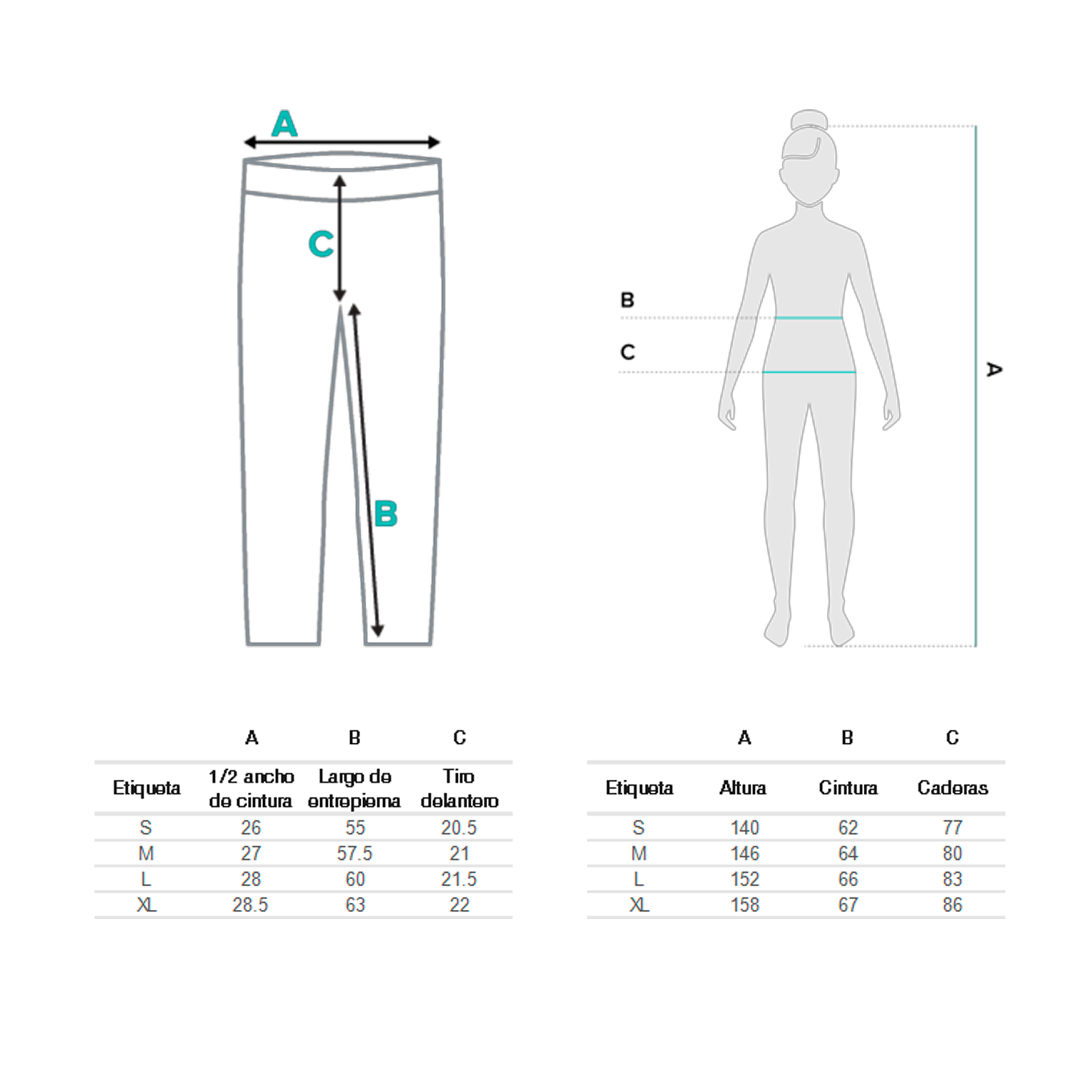 Ilustración de leggings con sus dimensiones: ancho de la cintura, largo de la entrepierna, tipo. Tabla de tallas y medidas correspondientes, y figura humana con marcas para altura, cintura, caderas.