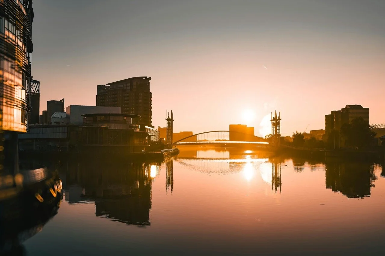 Salford Quays at sunset.