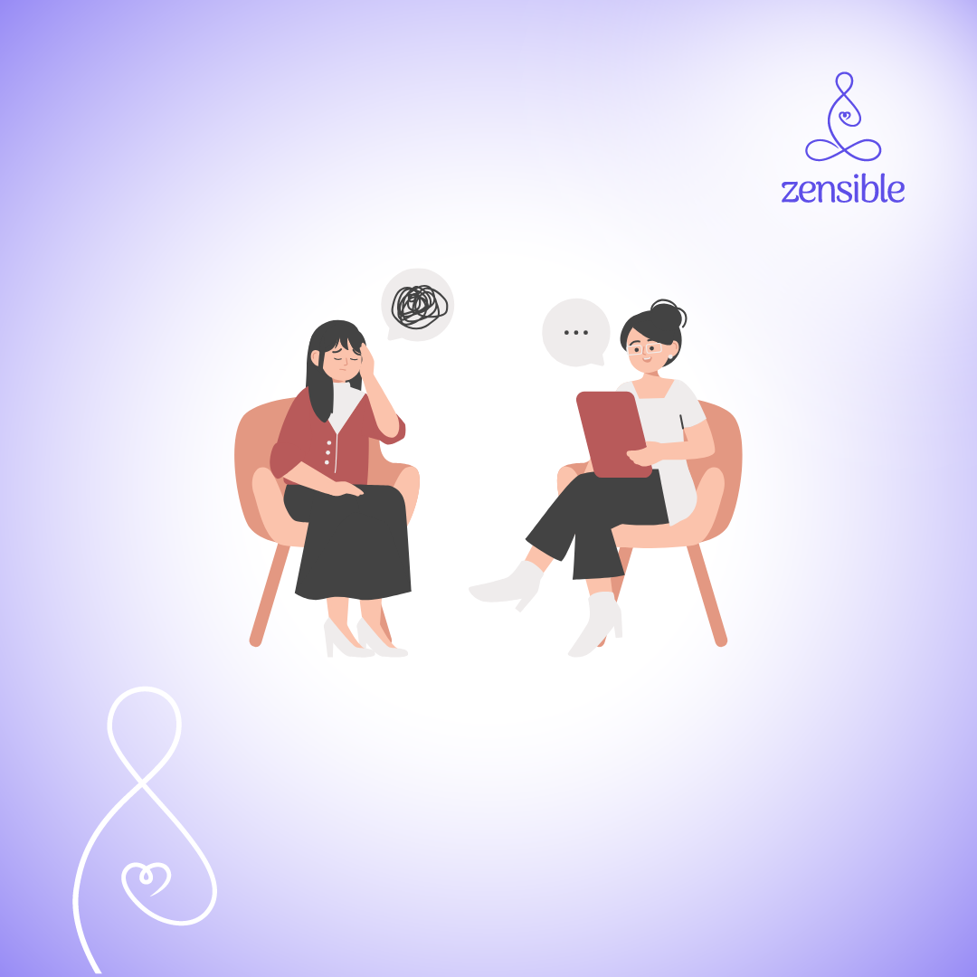 Depicts a therapy room with a client and a therapist