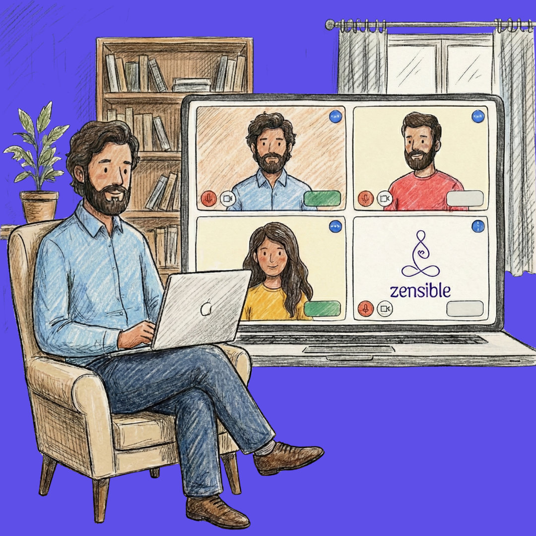 An online therapy session with a therapist and a couple while Zensible takes automatic notes during the session