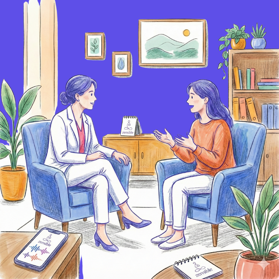 A therapist intently in conversation with a client while Zensible takes notes during the session