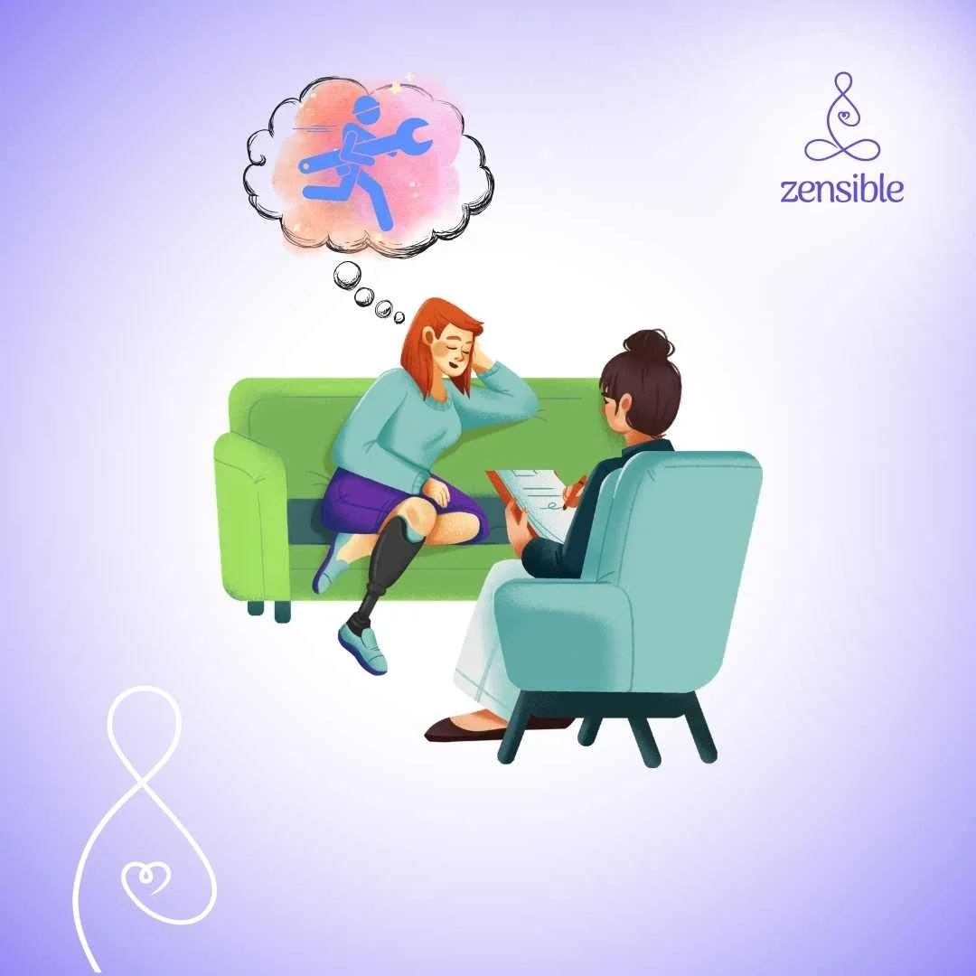 A client and a therapist in therapy room where the client is imagining a quick fix to come out of the conversation.