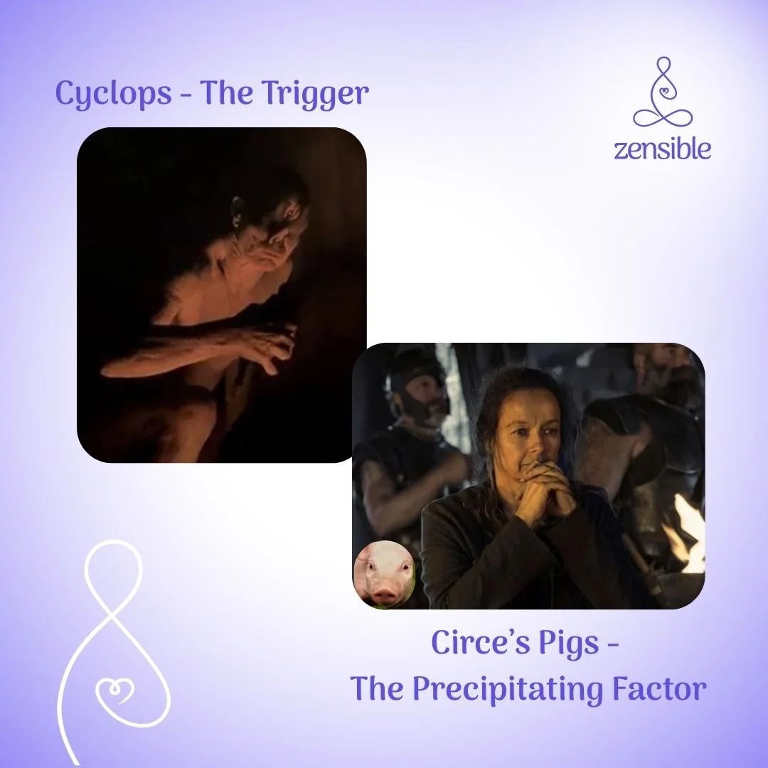 The move Odyssey portrays PTSD symptoms such as Cyclops, war personified, which is the trigger and Circe's pigs, depicting war crimes is the precipitating factor.