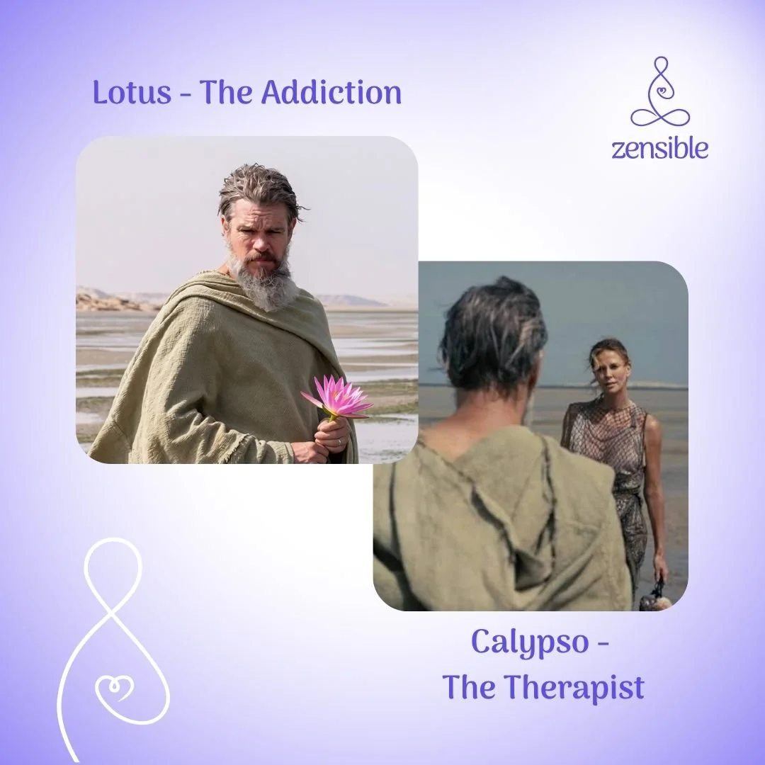 PTSD symptoms depicted in the movie Odyssey such as The Lotus flower representing substance abuse and Calypso personifying a therapist or therapy process