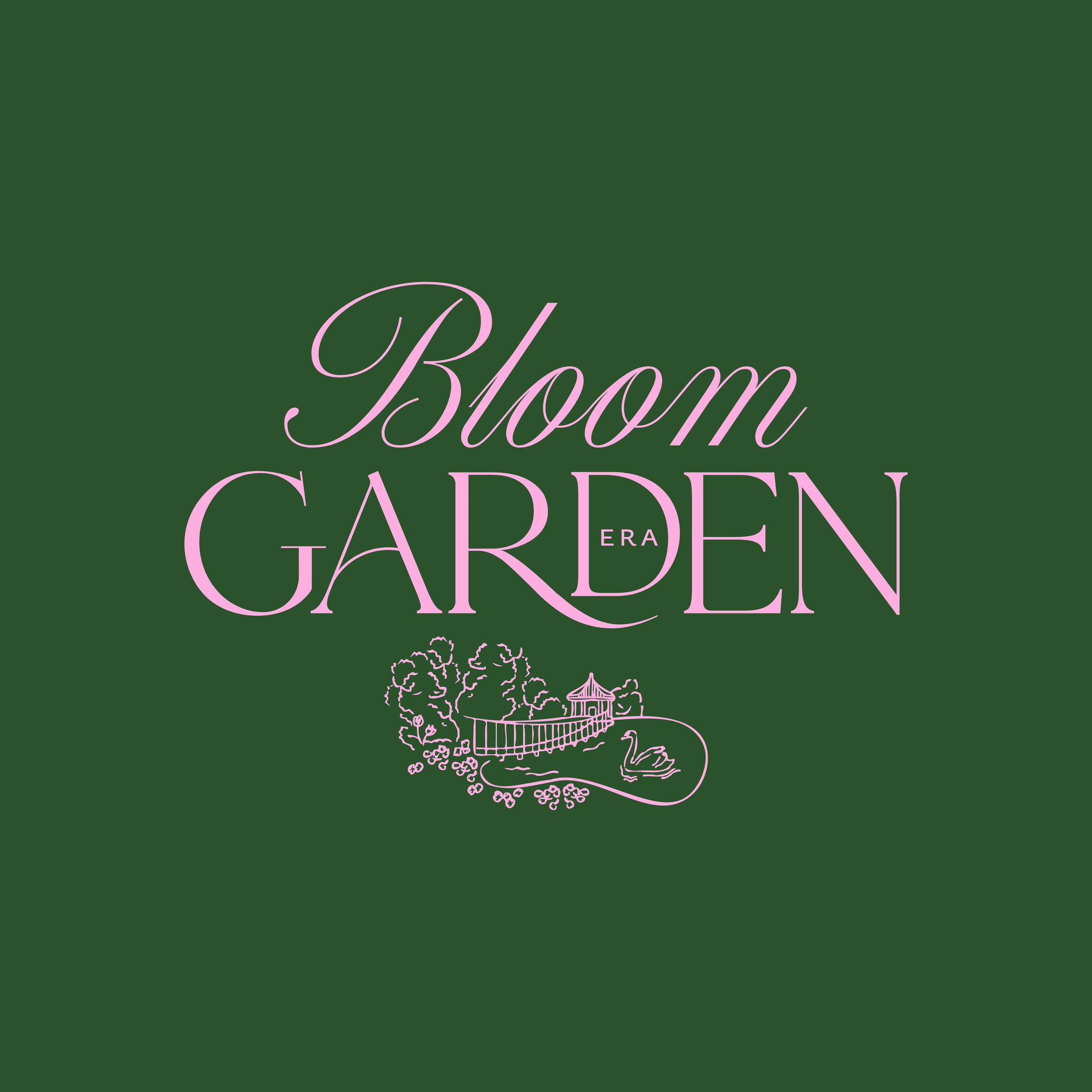 Brand Logo on green background with pink text reading 'Bloom Garden Era' and a simple line drawing of a garden with a pond, swan, trees, and a gazebo. This is branding for a weddings and events venue