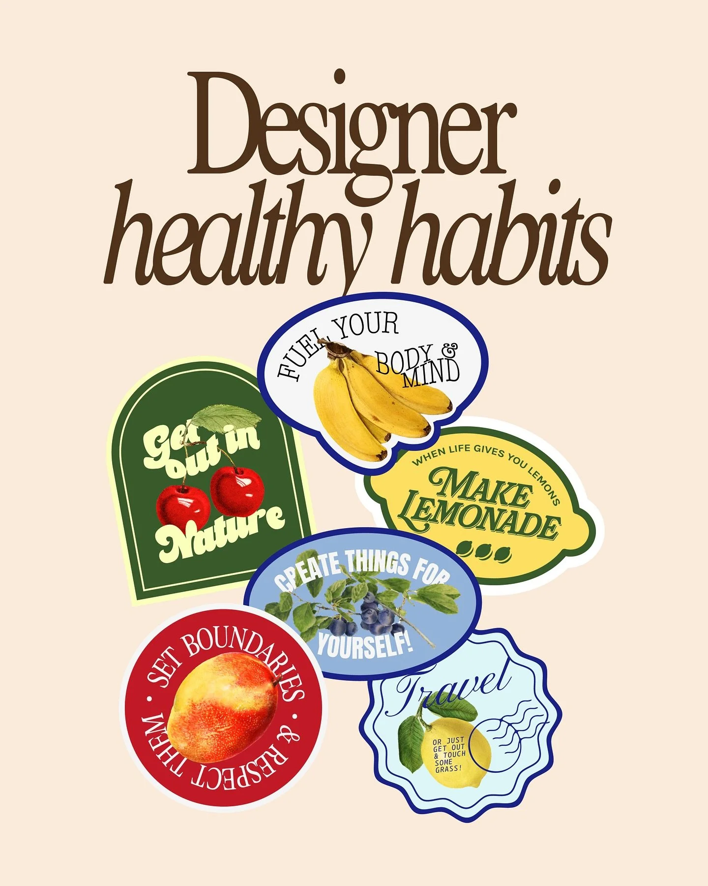 Healthy designer habits but make the fruit stickers! 🍒 
We wanted to put a fun little twist on this post, so instead of just listing out healthy habits we designs fruit stickers for them instead😋
We always love these little reminders, as it&rsquo