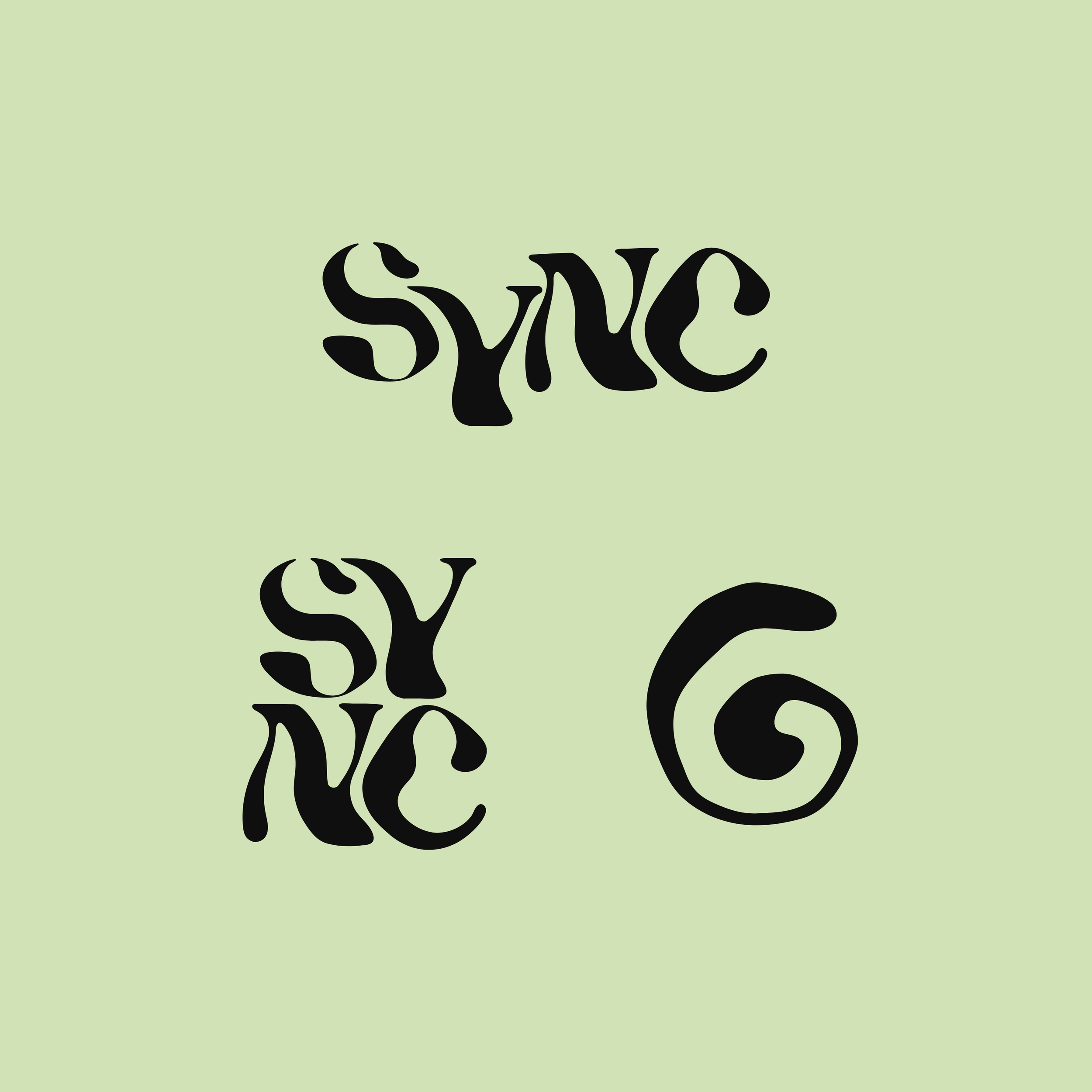 The logo design features the word 'SYNC' with the letters distorted and stylised, arranged in three different ways on a light green background. With abstract illustrations, Branding for a Yoga, Pilates, wellness tutor and app