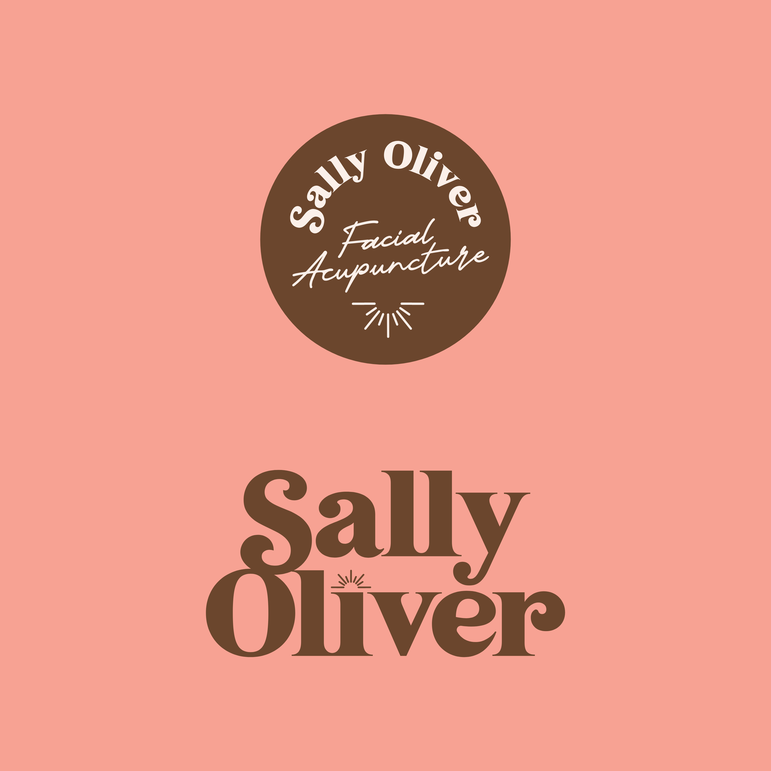 Logo for Sally Oliver Facial Acupuncture on a pink background, featuring a brown circular emblem with white text and decorative elements, and the name Sally Oliver in large brown font.