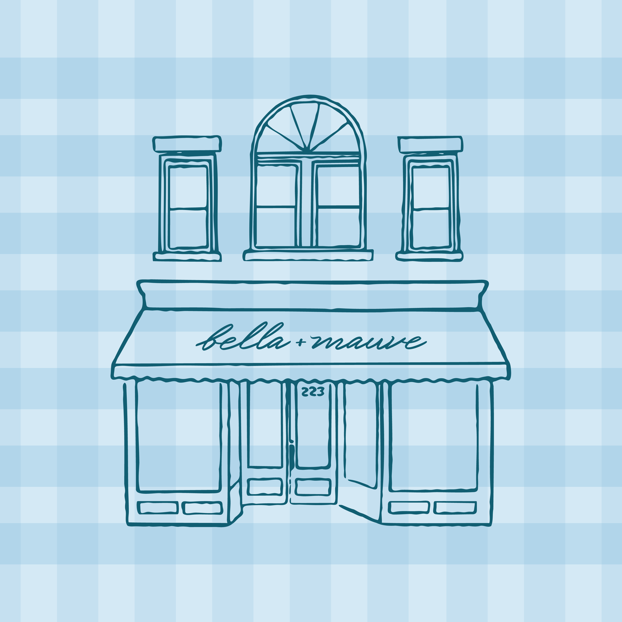 Line drawing of a two-story storefront with a sign that reads 'bella + mauve'. The building has a large central window on the first floor, three windows on the second floor, and a double door at the entrance.