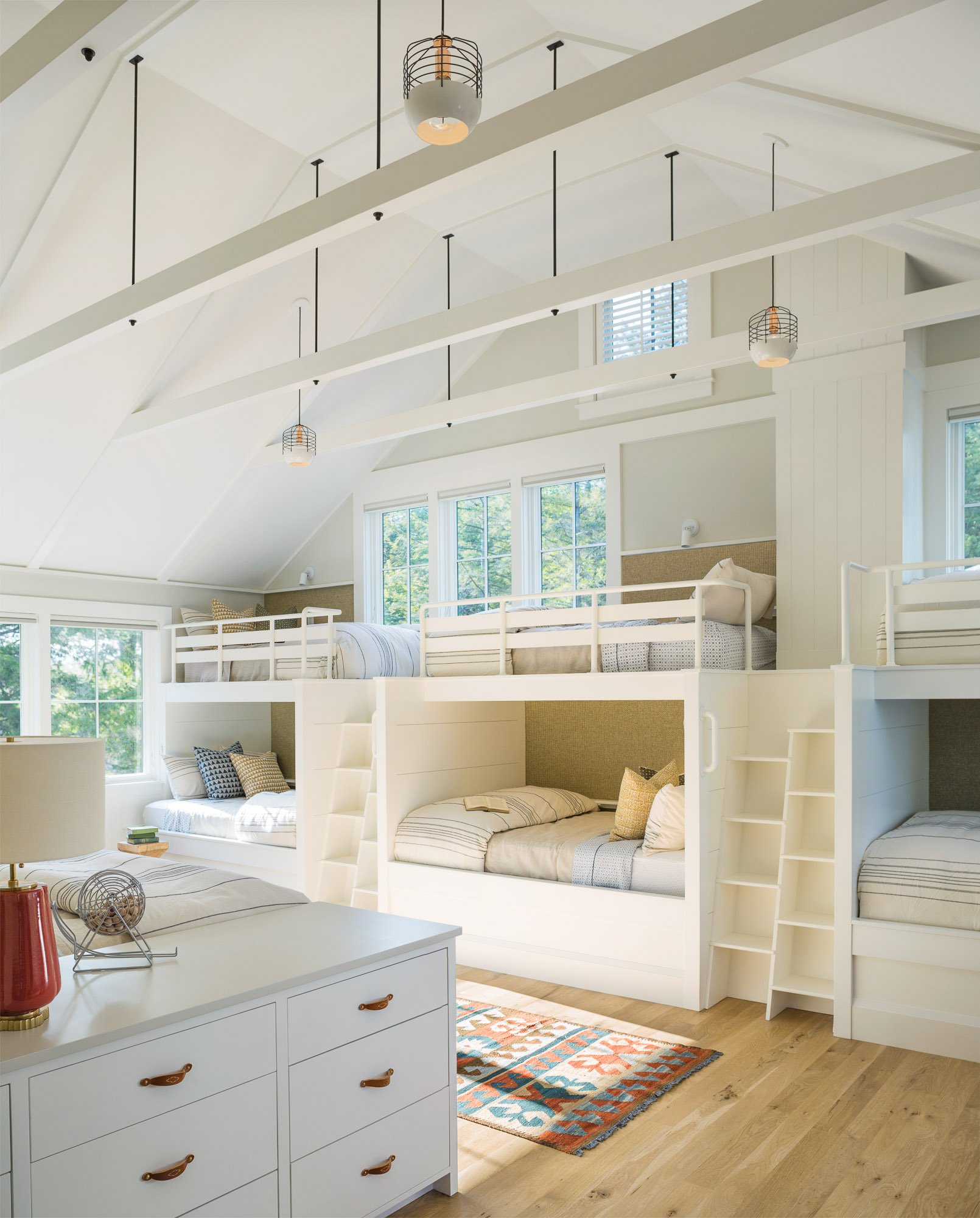 White bunk beds in Lake Sunapee home-Kate Maloney Interior Design