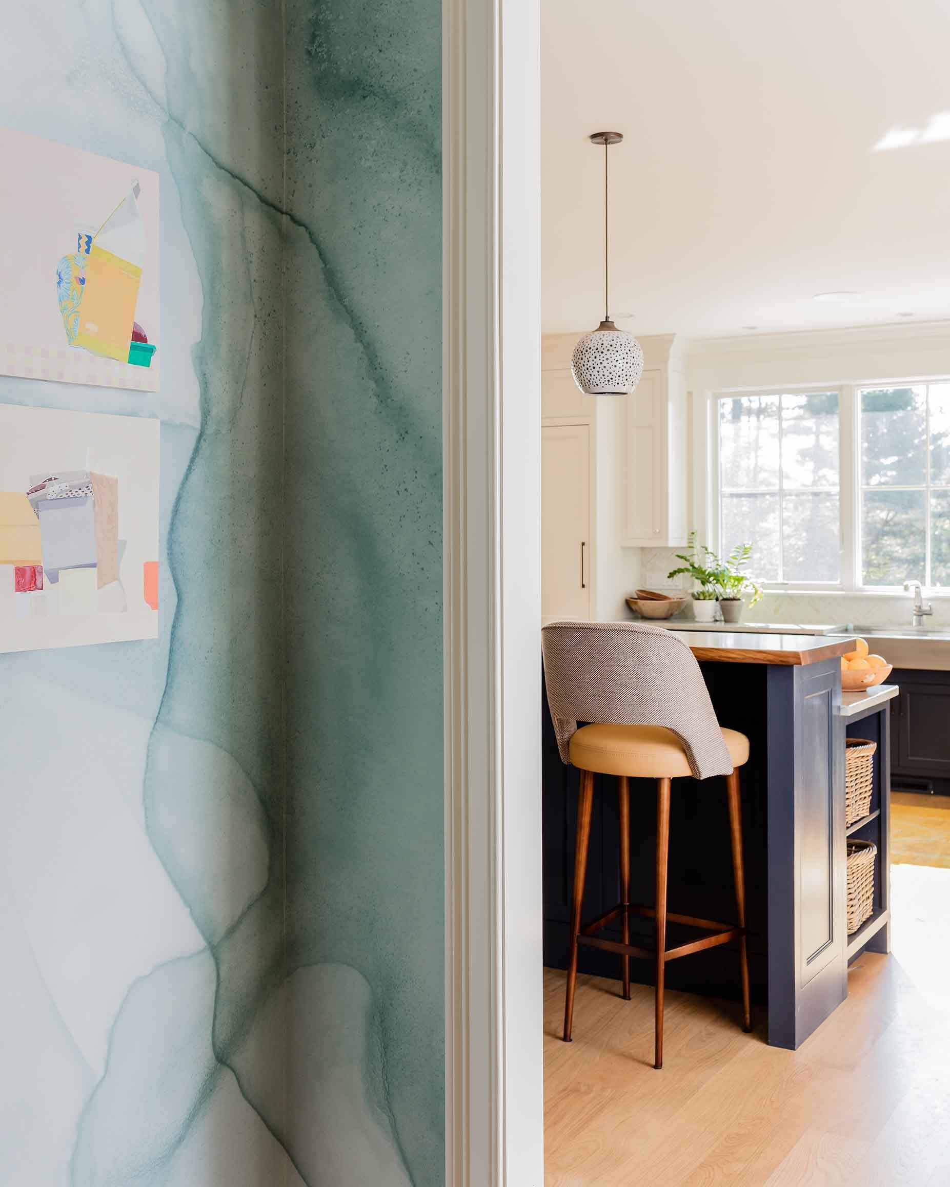 Textured wall with blue watercolor detail in Wayland, MA-Kate Maloney Interior Design