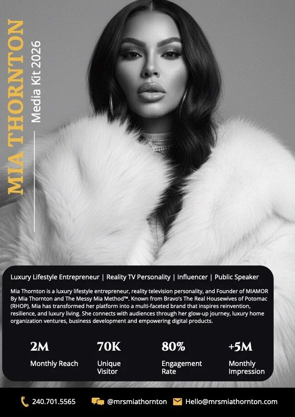 Mia Thornton promoting her status as a luxury lifestyle entrepreneur, TV personality, influencer, and public speaker, with social media and contact information included.