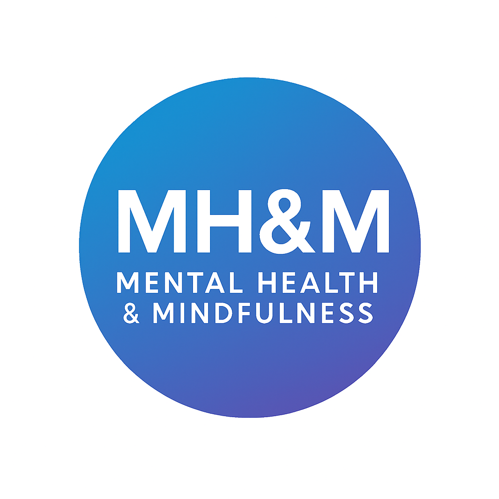 Logo for MH&M, focusing on mental health and mindfulness, with a blue circular background and white text.