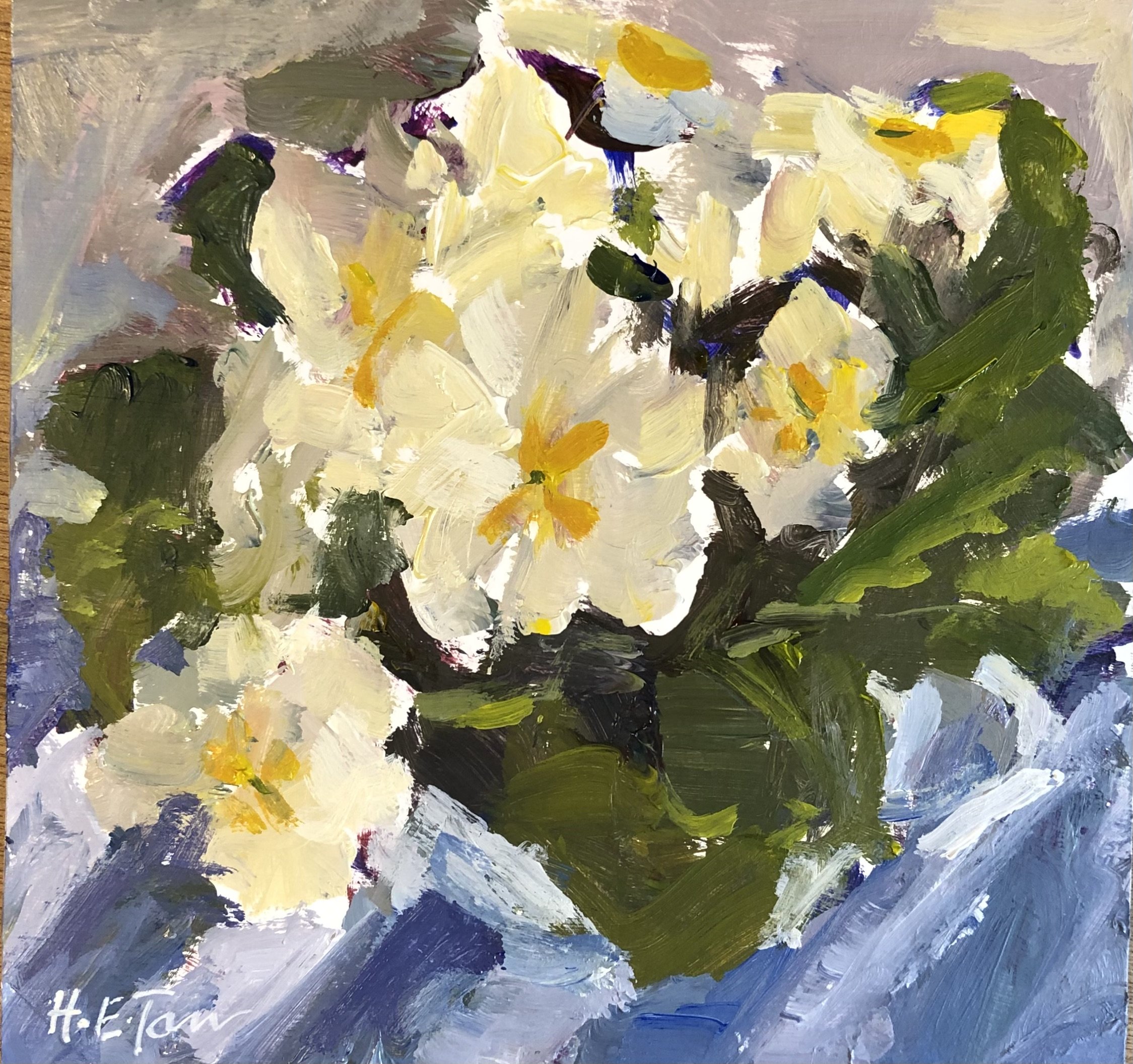 Primroses and Cup on Blue Stripes