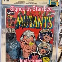 Comic book cover of 'The New Mutants' signed by Stan Lee, featuring illustrations of a muscular older man and two female characters in circular insets.