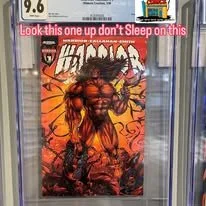 A poster of the comic book character Venom, with a red and black color scheme, is displayed inside a vending machine.