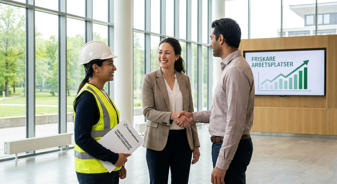 Tre personer i ett kontorsbyggnad, där en av dem är en kvinna i byggarbetarutrustning som hälsar på en man med skjorta, medan en annan kvinna i kläder för en kontorsmiljö ser på och ler.