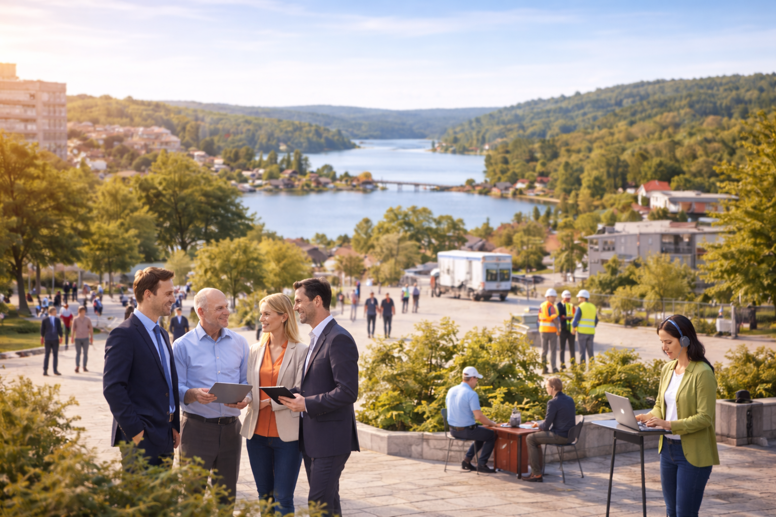 Företagsmän och kvinnor som pratar utomhus med en sjö och berg i bakgrunden, några personer arbetar med bärbara datorer och hörlurar