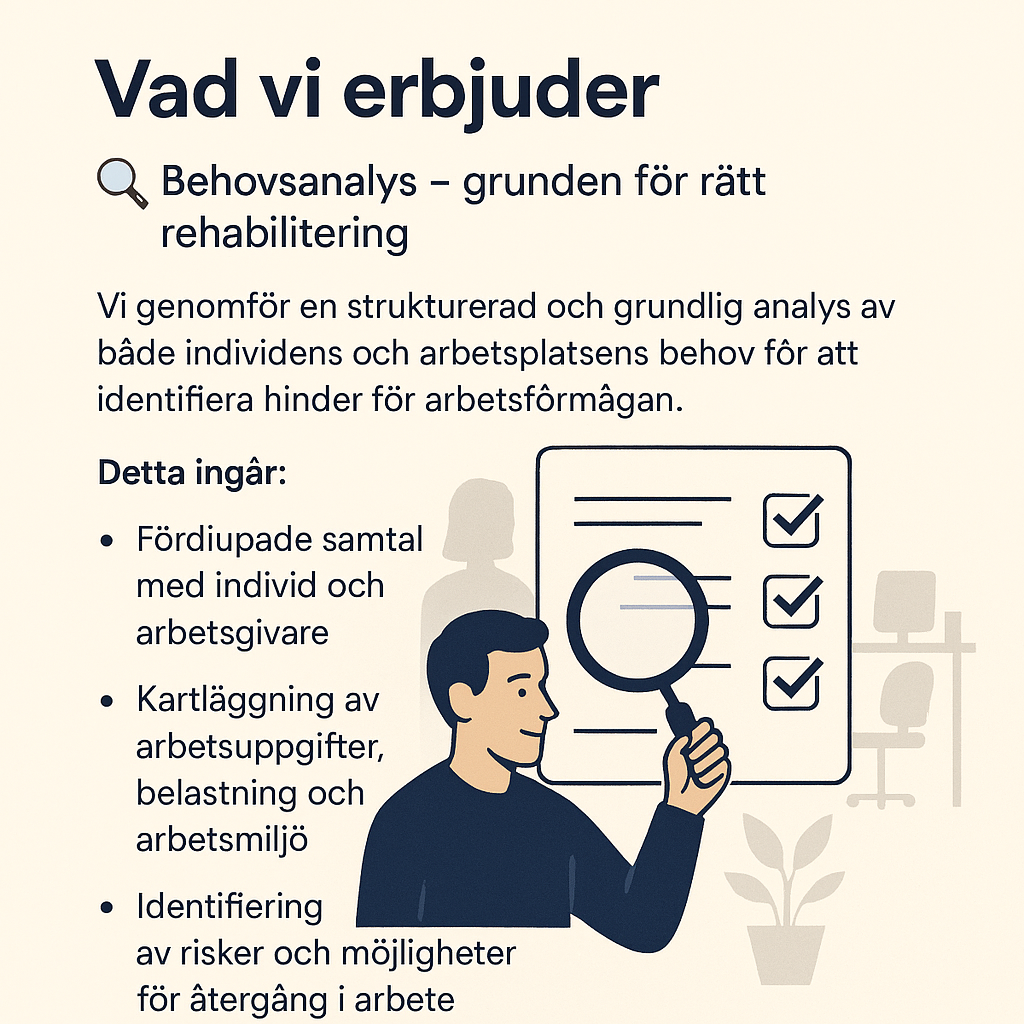 Informationsblad om vad som erbjuds, inklusive behovsanalys för rätt rehabilitering, med en illustration av en person som granskar en checklista med förstoringsglas.
