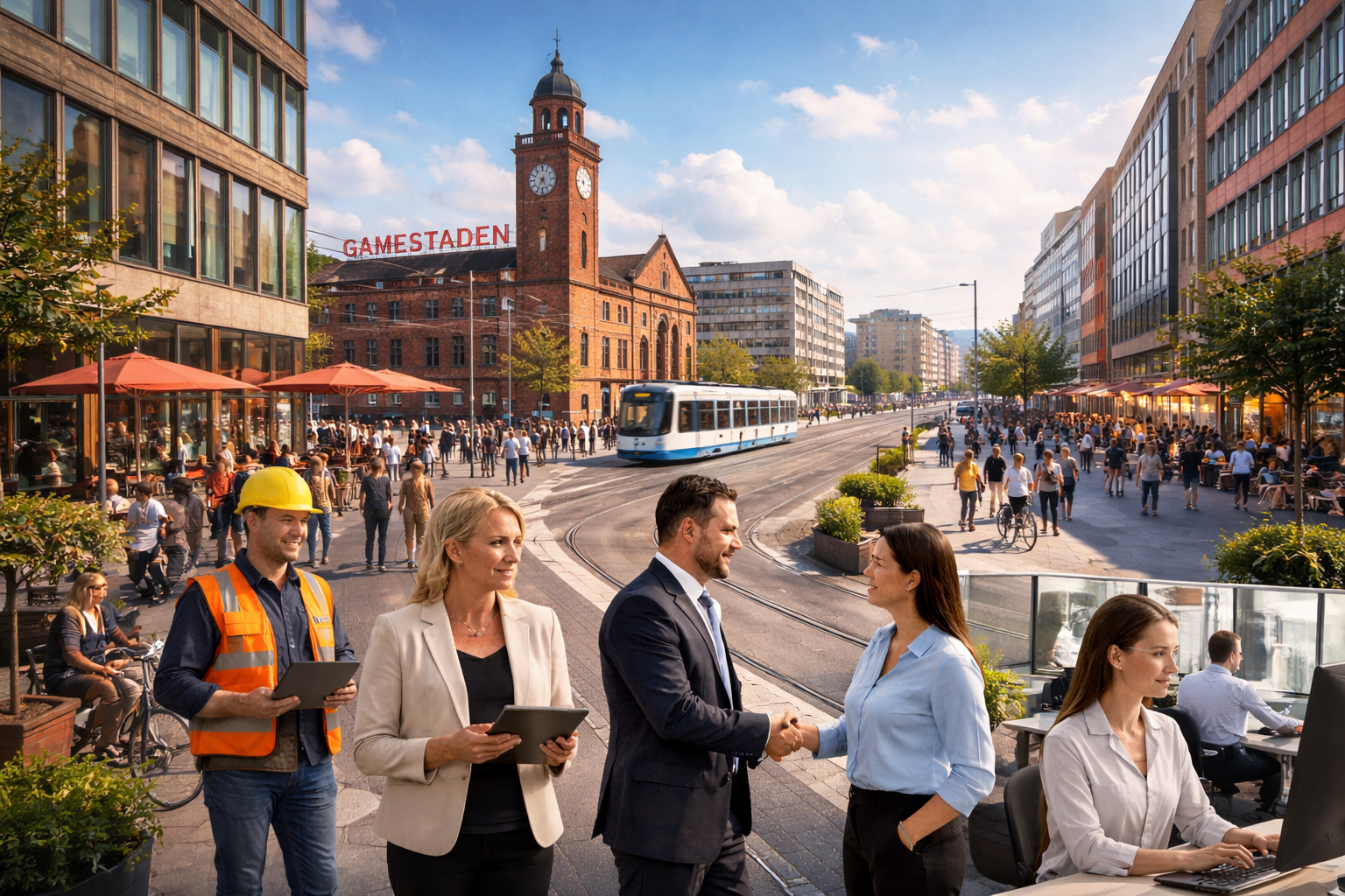 Män och kvinnor som skakar hand i ett stadsutskott utanför ett kontorskomplex, med stadens gata och människor i bakgrunden.