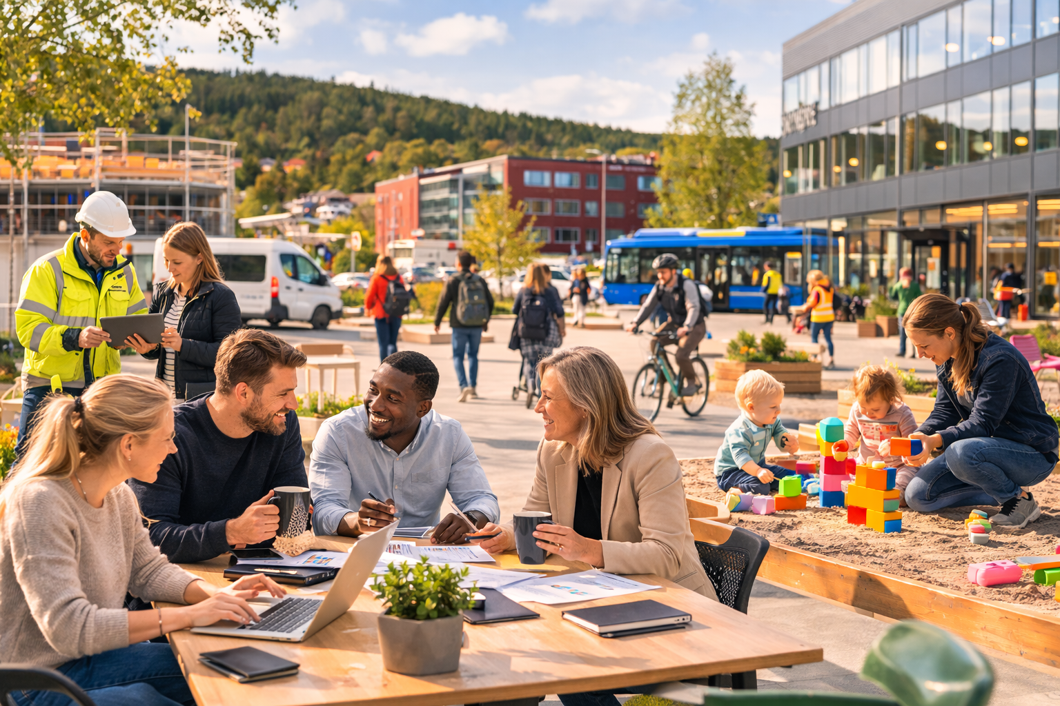 Människor samlas i ett utomhusområde med lek och arbete, inklusive barn som leker i sanden och vuxna som arbetar vid ett bord, medan andra cyklar och går framför en modern byggnad på dagen.