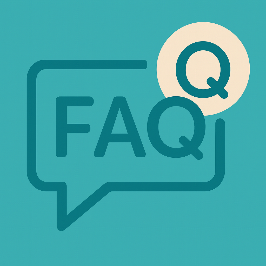 En tecknad pratbubbla med texten 'FAQ' och två 'Q' bokstäver, en i pratbubblan och en separat, på en blå bakgrund.