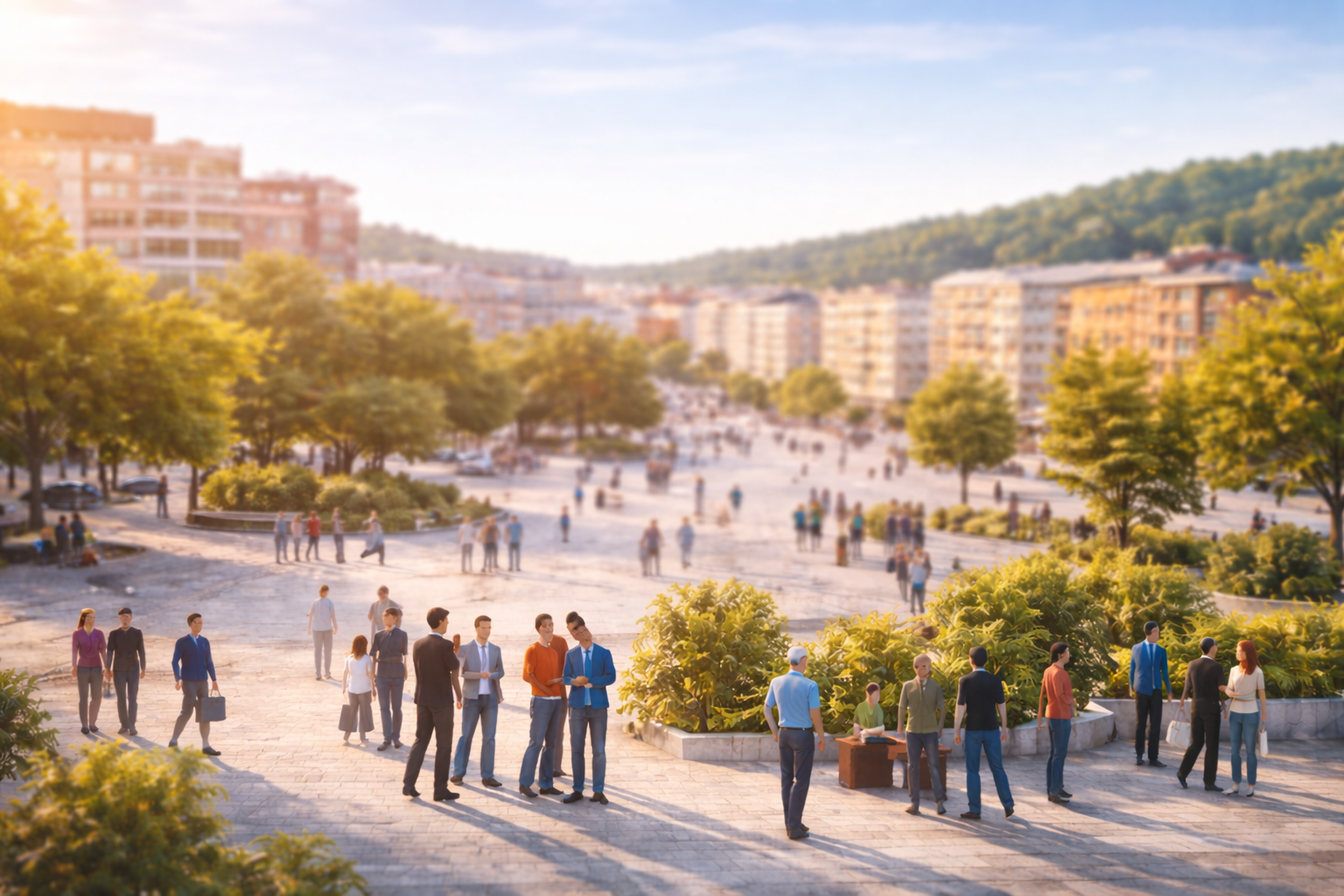 Människor i ett stadsparkområde på eftermiddagen, med träd och moderna byggnader i bakgrunden.