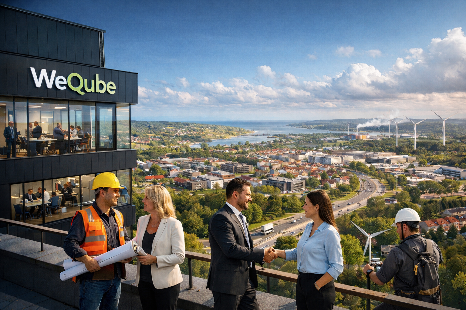 Flera personer i affärskläder och skyddsutrustning, inklusive en person med gul hjälm, står på en utsiktsplats med stad och hav i bakgrunden, samt en byggnad med skylt 'WeQube'.