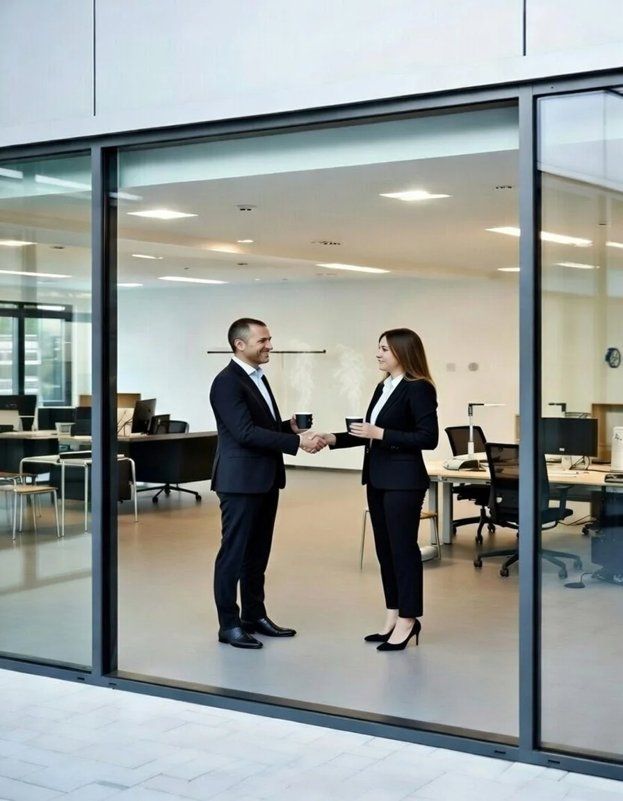 Två personer, en man och en kvinna, i affärskläder som skakar hand och dricker kaffe i ett tomt kontorsutrymme.