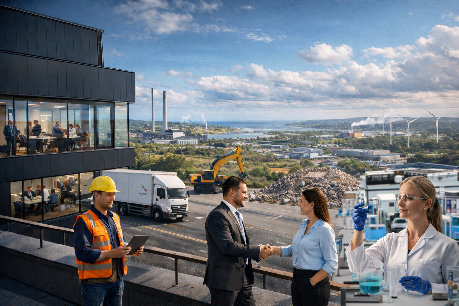 Företagsmöte utomhus med bygg- och industriområden i bakgrunden, personer som skakar hand, en kvinna med labbutrustning och en man med en tablet.