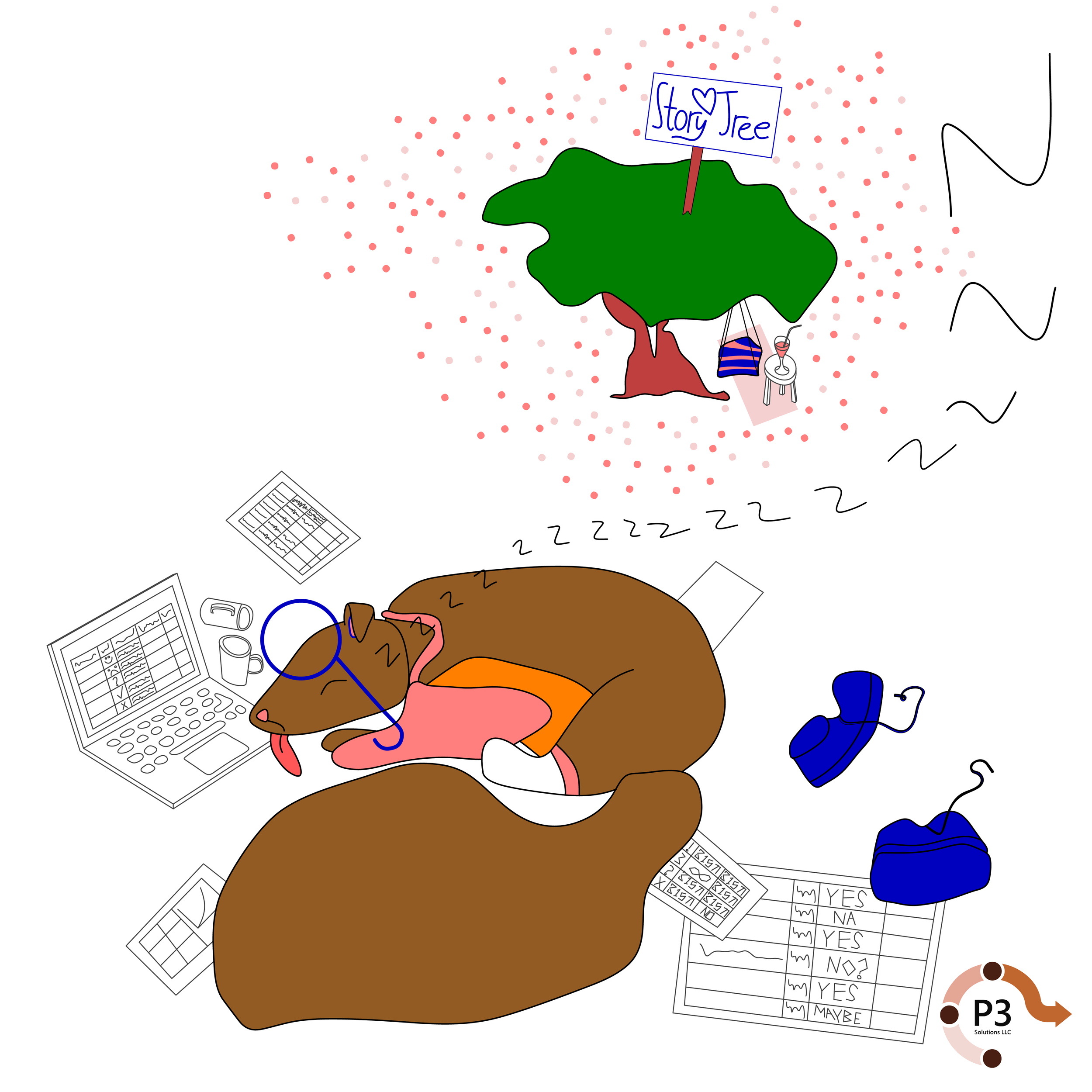 Wendy the squirrell is asleep, surrounded by paperwork, the storytree glowing in the background.