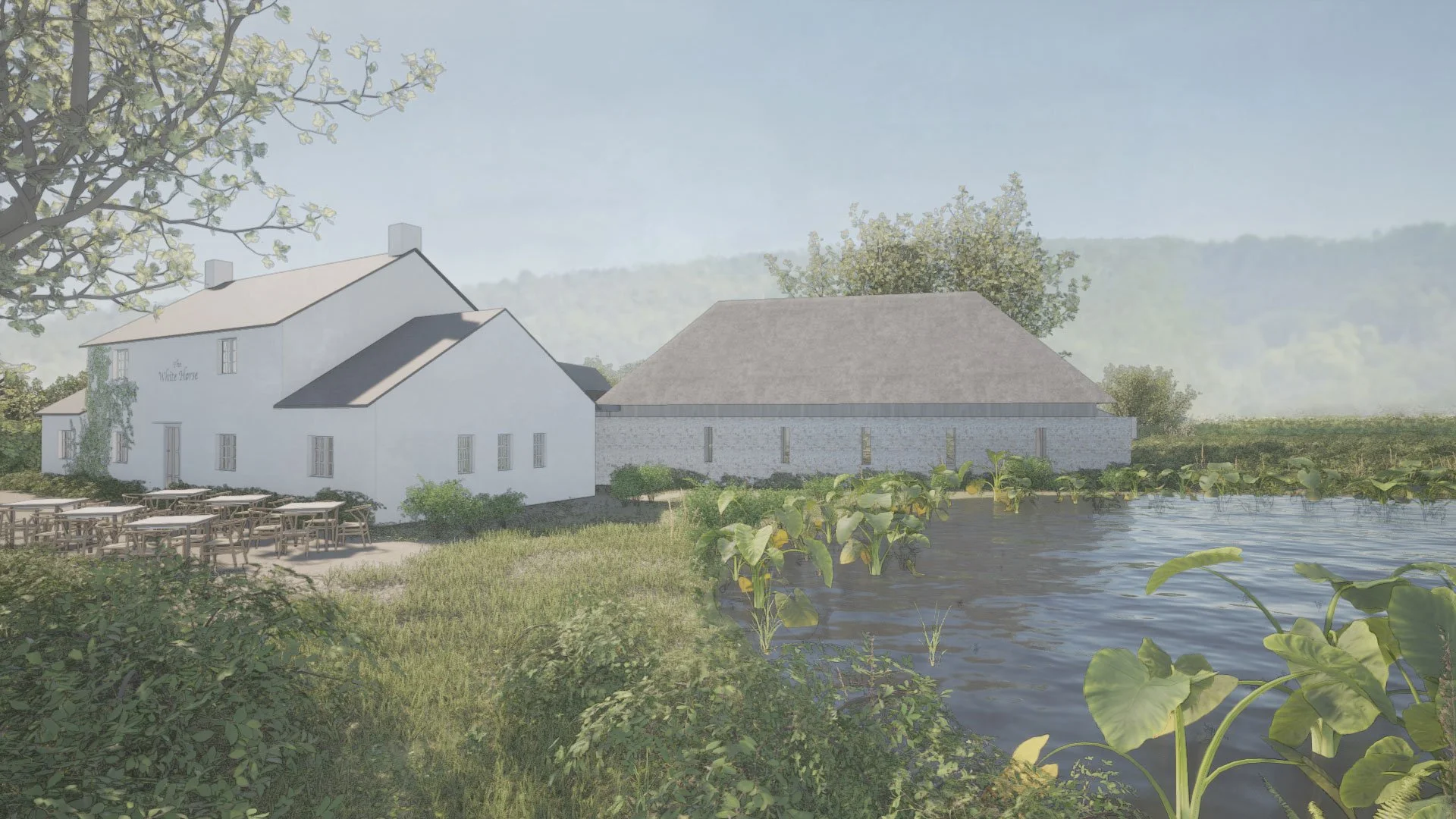 Render of a peaceful countryside scene featuring a white farmhouse with outdoor seating, surrounded by lush greenery and a pond with lily pads, under a clear sky.