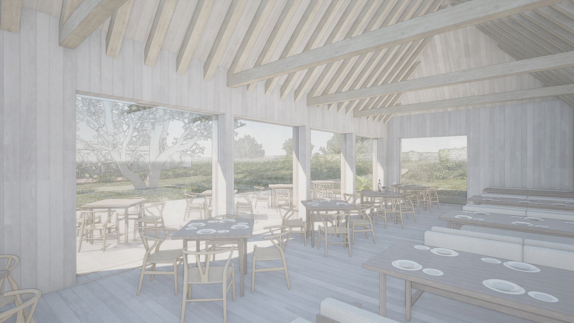 Rendering of a bright dining area with large windows overlooking a garden, light wooden tables and chairs, and neutral tones.