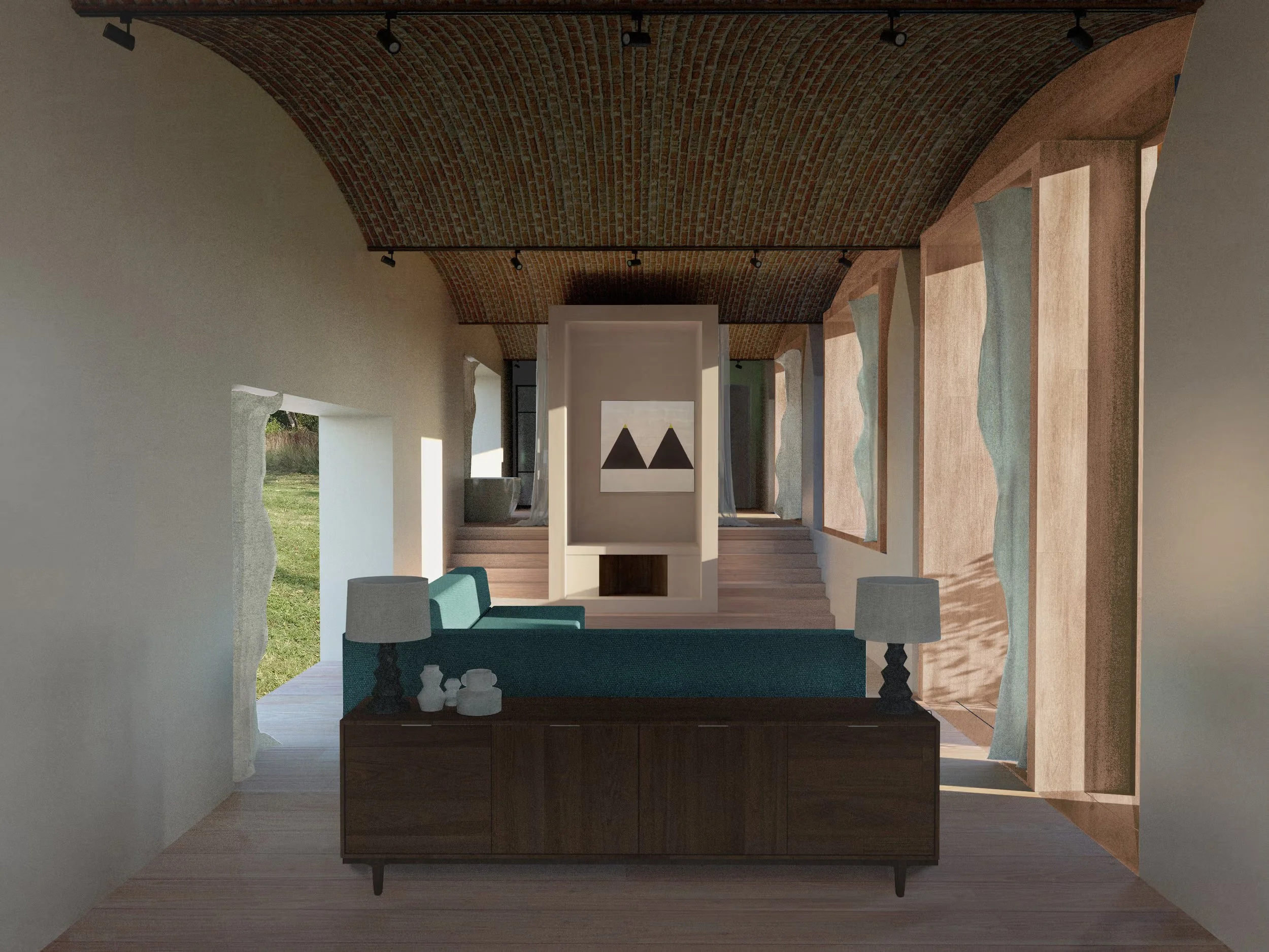 Interior visual of a living room with high vaulted ceilings and views to the exterior.