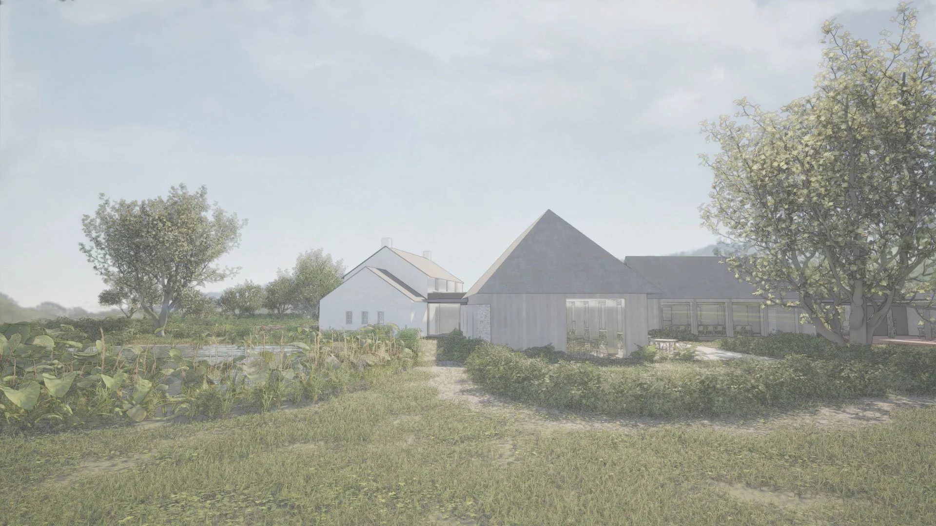 A rural farm scene with a large house, a smaller white building, trees, garden beds, grass, and a dirt pathway.