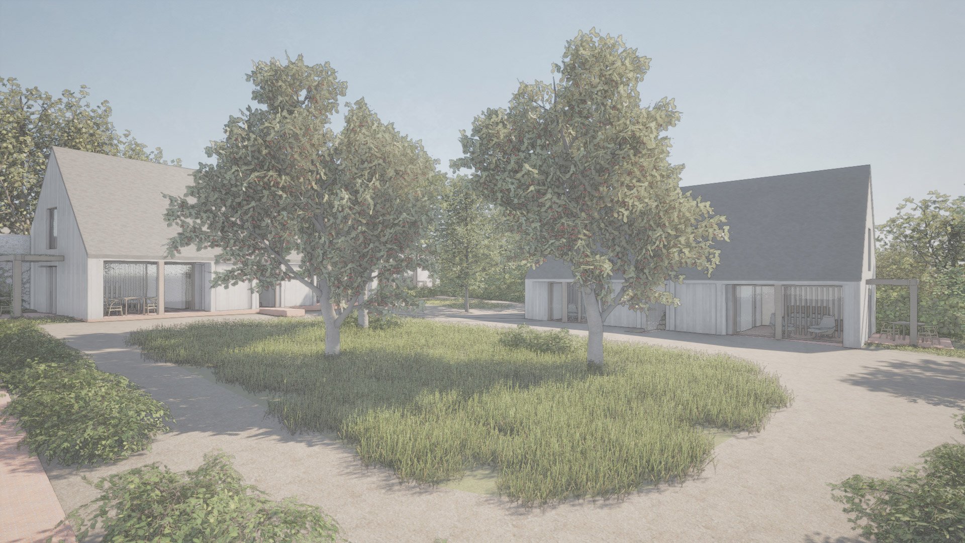 A modern residential outdoor space with two white wooden houses, lush green trees, grass, and paved walkways, under a light blue sky.
