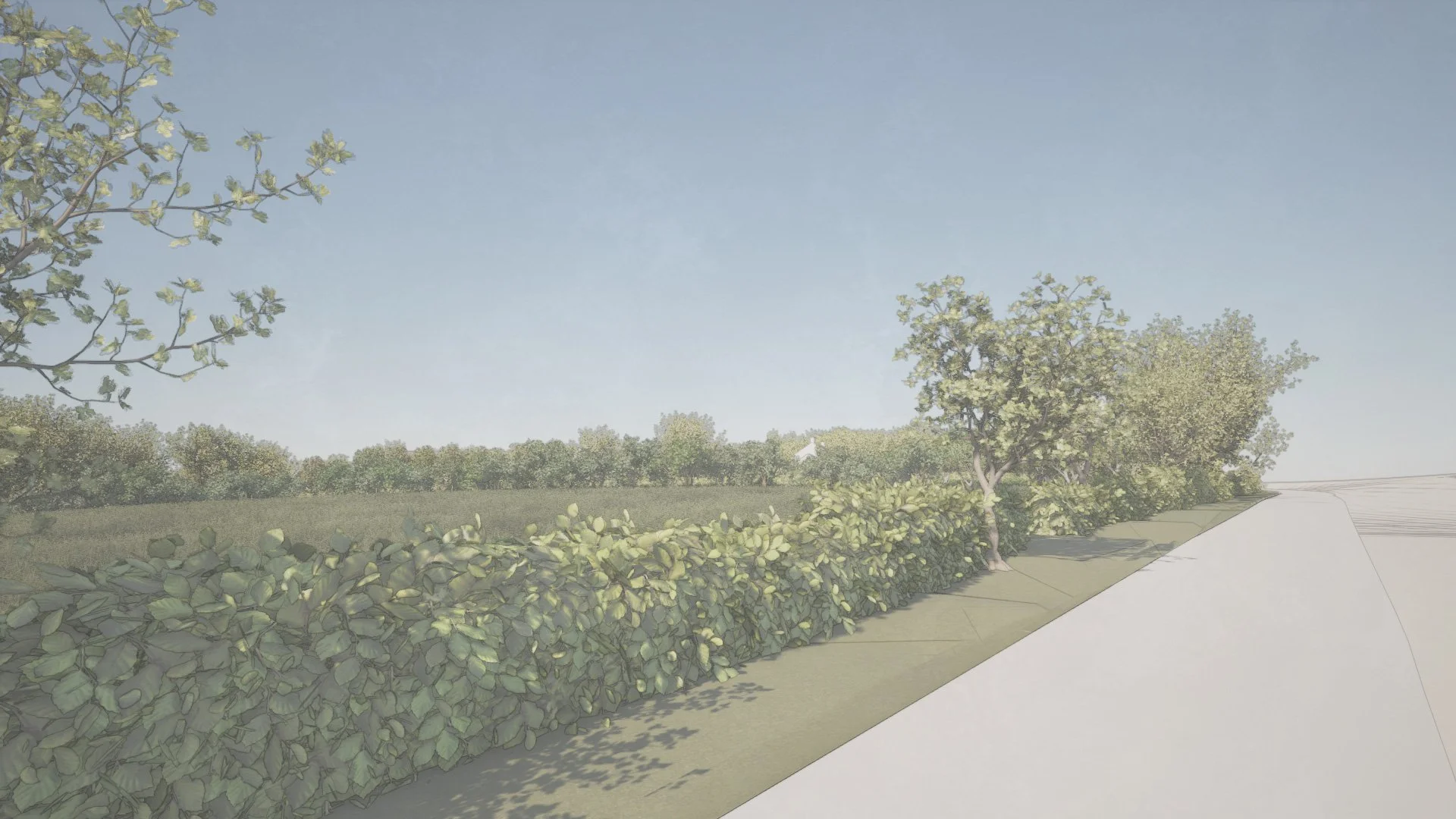 Illustration of a sidewalk with bushes and trees along the side, extending into a green field with a clear blue sky.