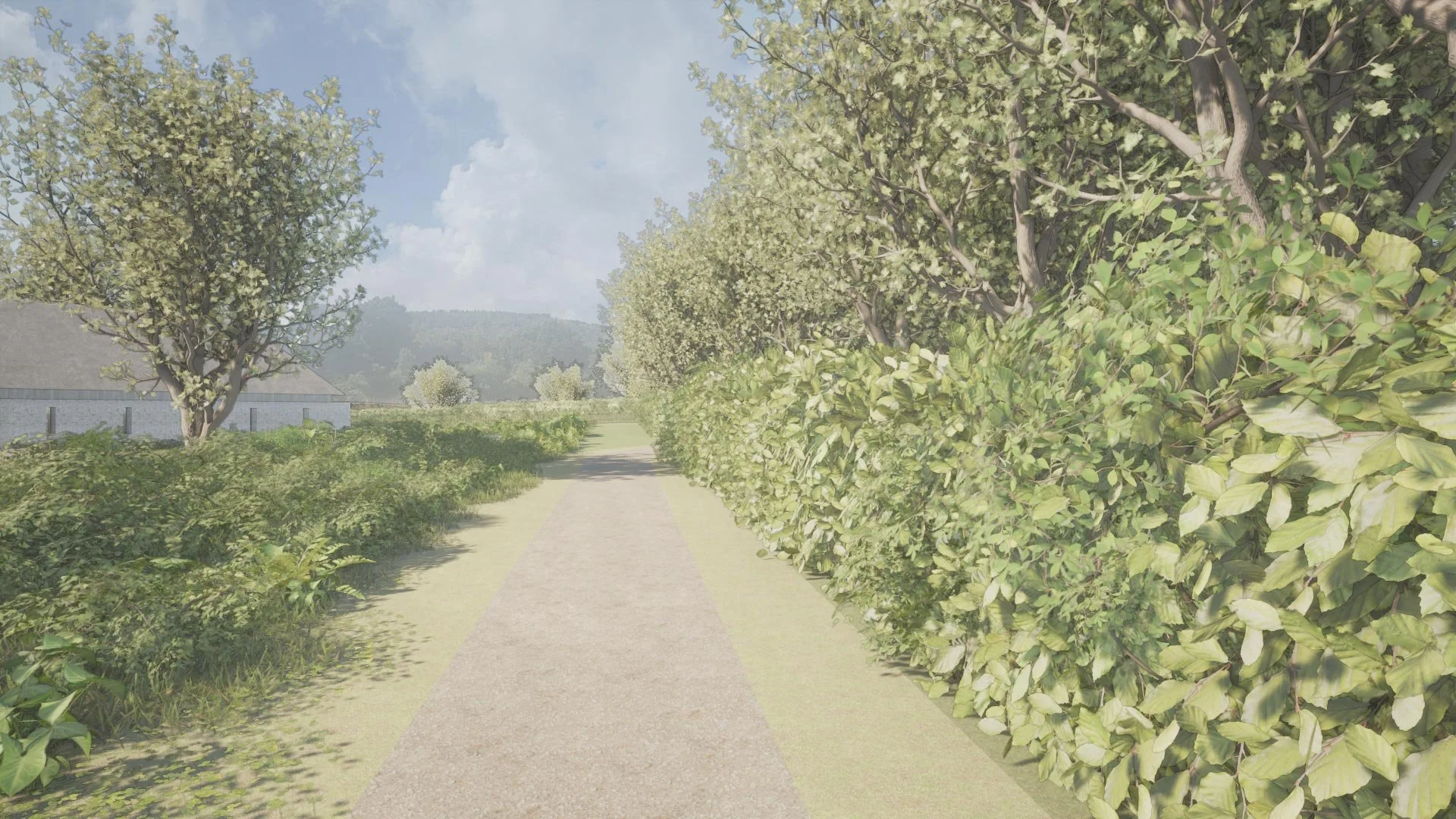 A dirt path runs through a lush green garden with a tall tree on the left and a thick hedge on the right, under a partly cloudy sky.