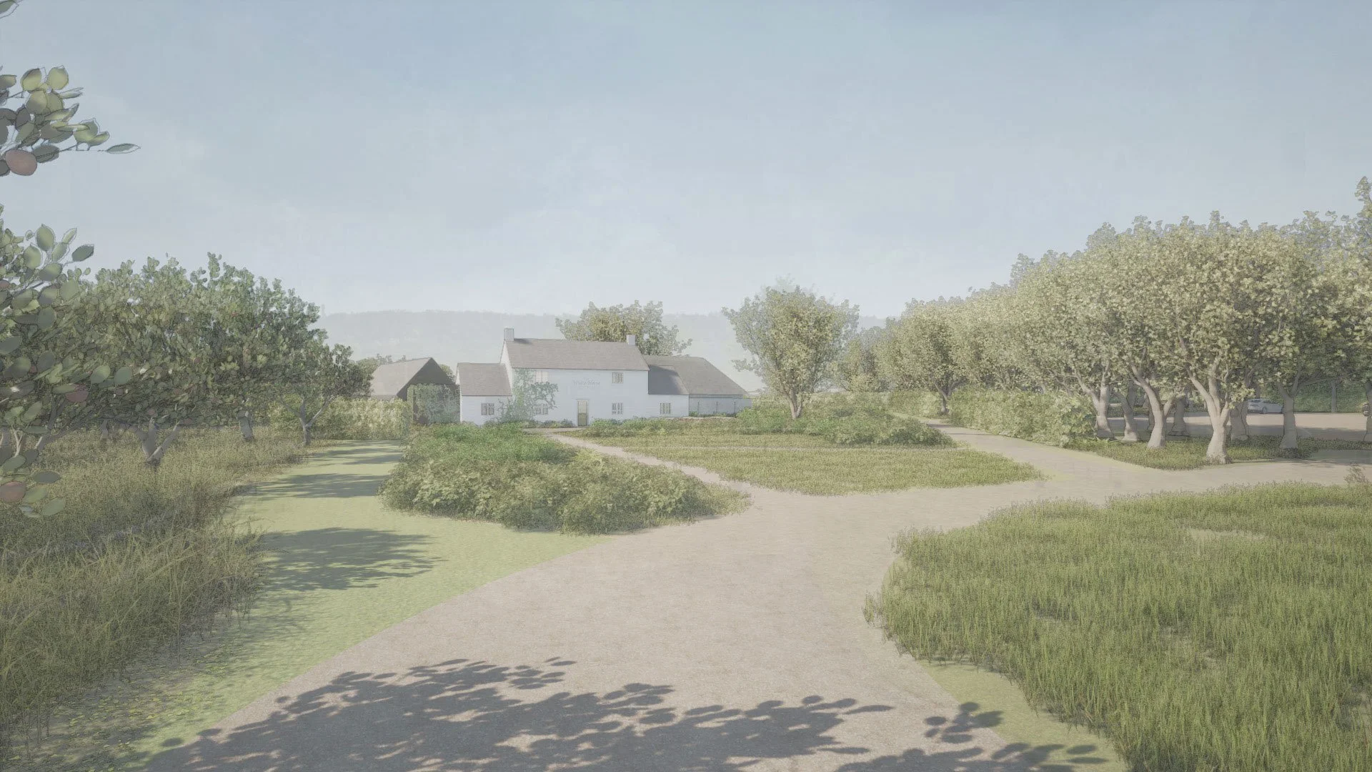 A dirt pathway runs through a lush green garden with trees and bushes, leading to a white house in the distance under a clear blue sky.