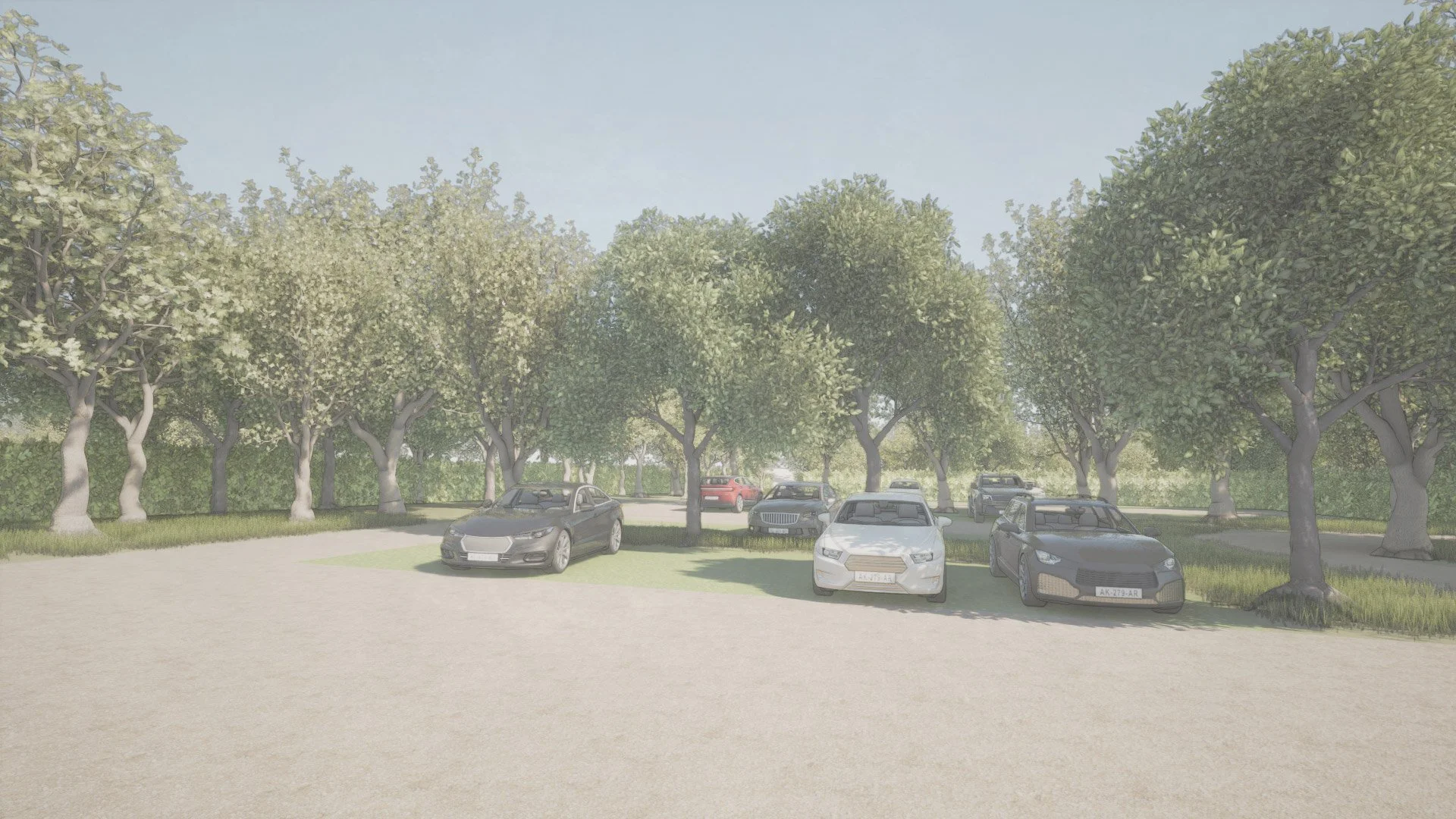 A parking lot surrounded by green trees with nine cars parked under the shade.